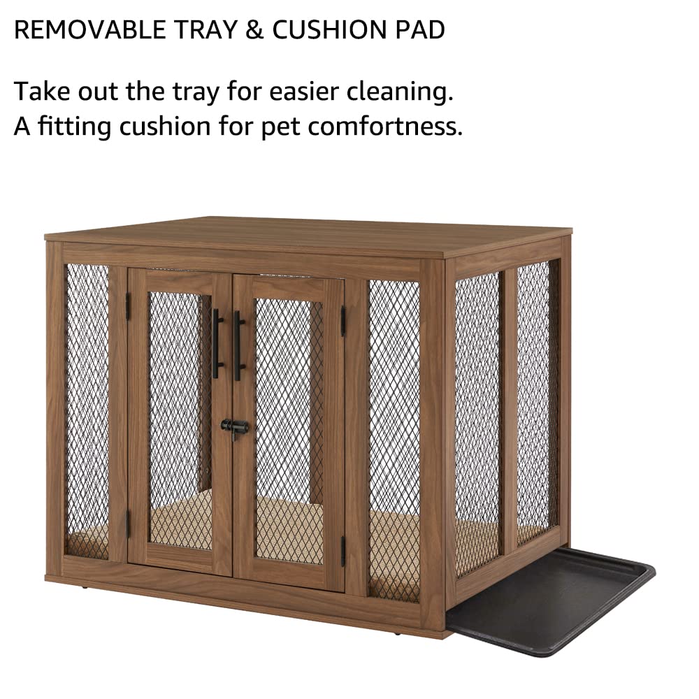 Unipaws Modern Wooden Dog Crate with Tray - Large Indoor Pet Kennel House Cage with Door, Aesthetic Walnut End Table & Nightstand for Living Room, Bedroom Decor | Perfect for Home, Office & Apartment Use