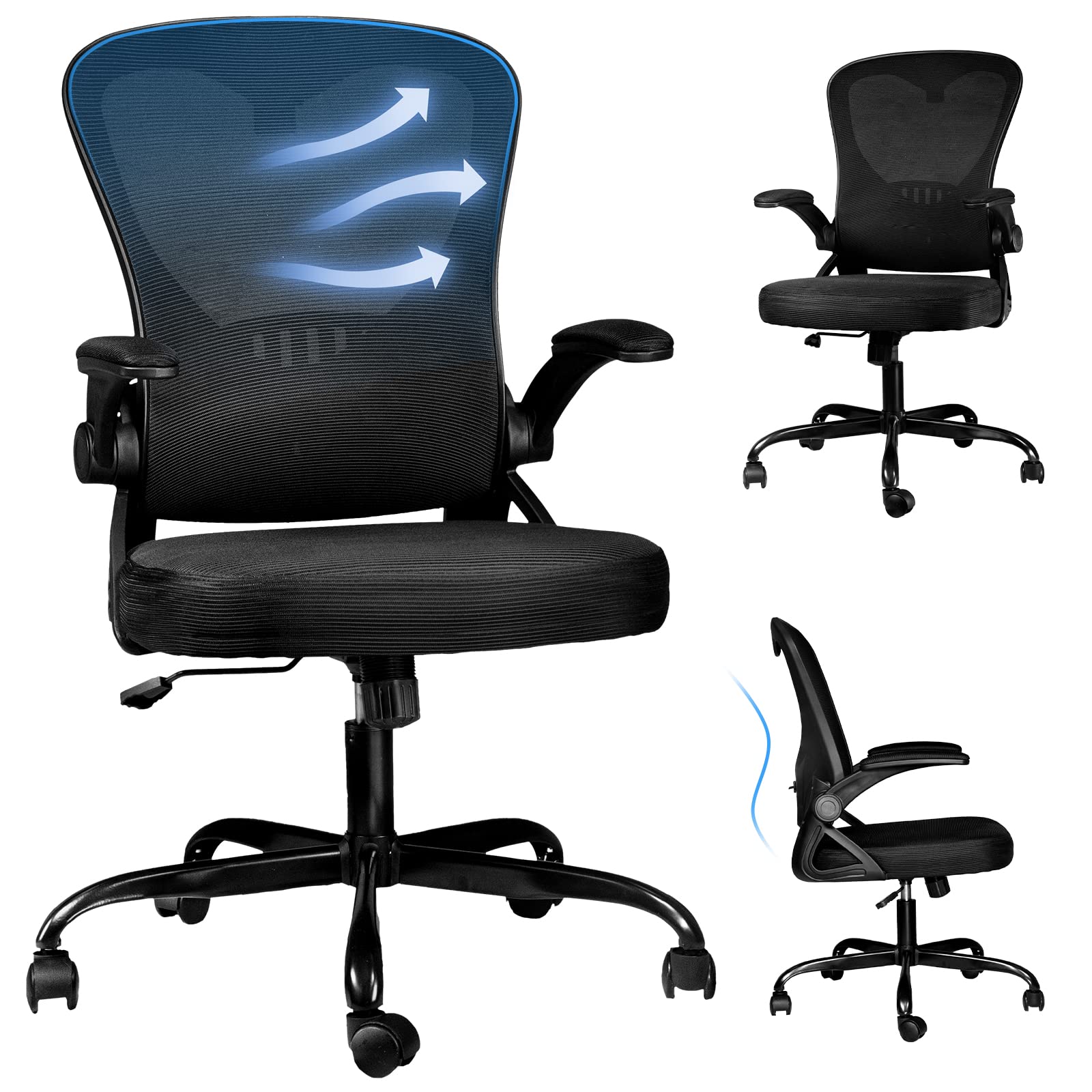 Ergonomic Executive Office Chair with High Back Support - Dvenger Mesh Desk Chair with Wheels & Flip-Up Arms for Adults, Swivel Task Chair (Black) - Perfect for Home Office, Gaming & Professional Workspaces