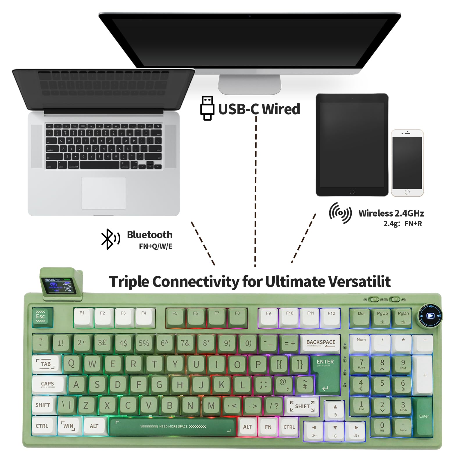 EPOMAKER RT100 97-Key ISO UK Layout Mechanical Gaming Keyboard - Customizable Mini Screen & Knob, Gasket Mount, 3-Mode Connectivity (Bluetooth 5.0/2.4GHz/USB-C), Hot-Swappable Switches (Green Wisteria Linear) - Perfect for PC Gaming, Office Work & Typing Enthusiasts