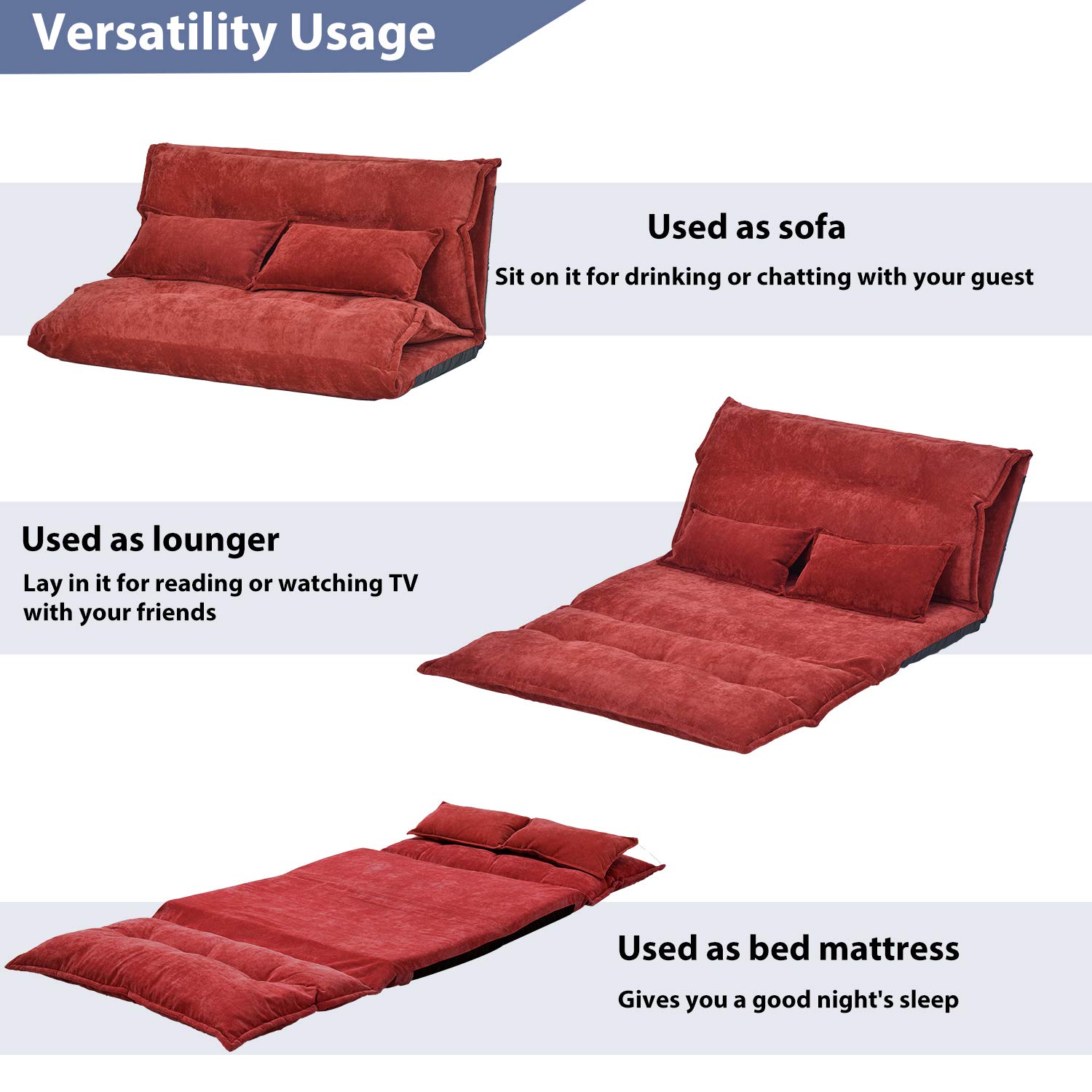 Adjustable Lazy Sofa Bed - Modern Floor Sofa for Gaming & Leisure with 2 Pillows - Polyester Red - Perfect for Living Room, Bedroom & Small Spaces