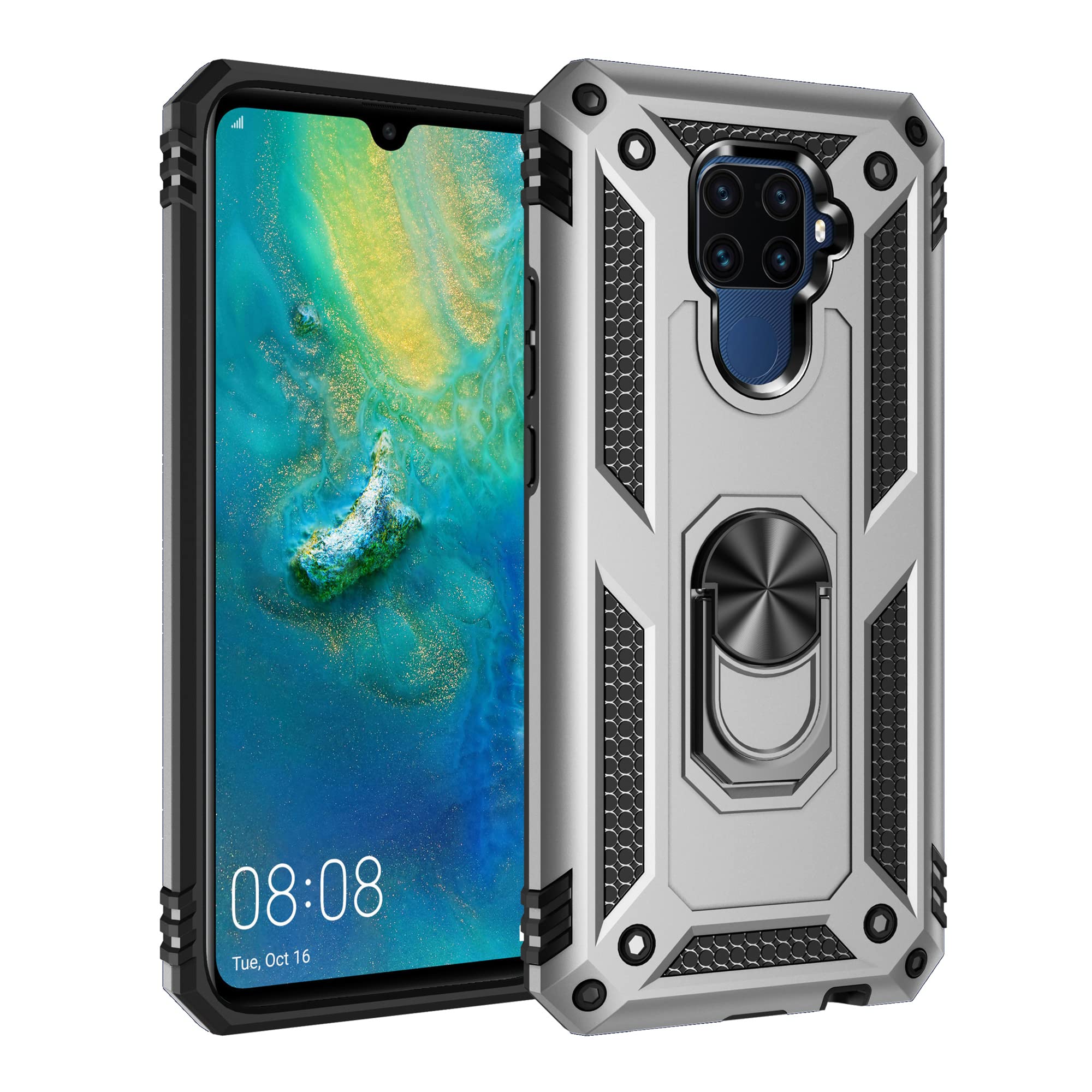 Shockproof Huawei Mate 30 Lite Case with Ring Holder - Military Grade Drop Protection, Dual Layer TPU Frame (Silver) - Perfect for Outdoor Activities, Travel & Daily Use