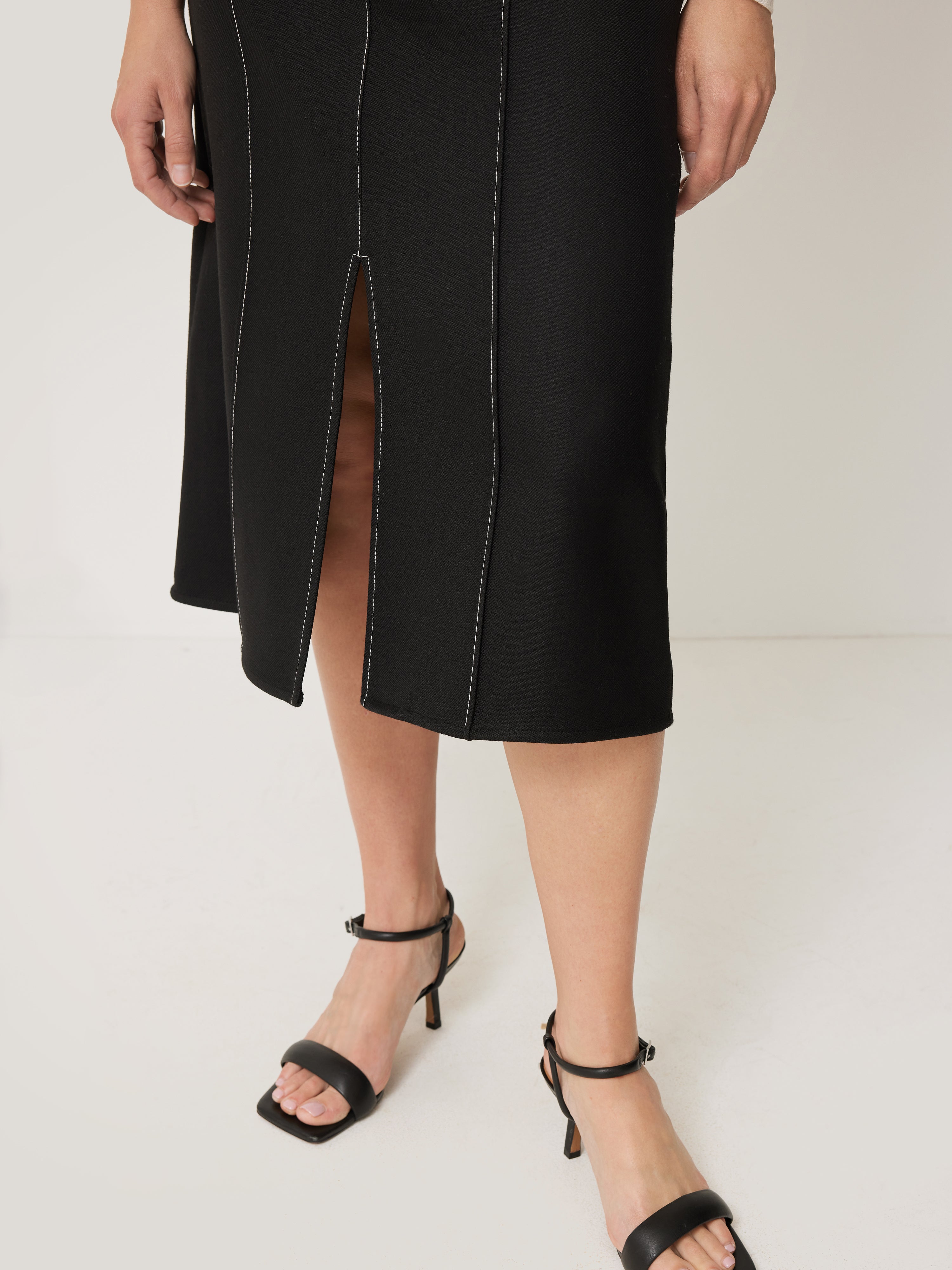Seamed Detail A-Line Skirt for Women - Black | Elegant High Waist Flowy Midi Skirt for Office, Party & Casual Wear