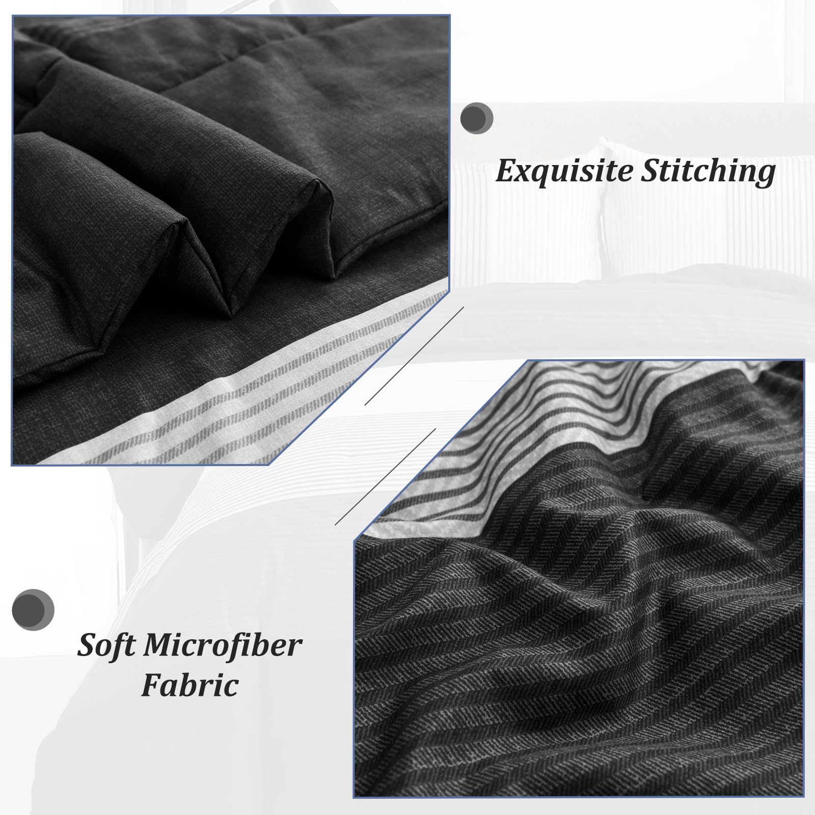 WONGS BEDDING King Size Black Comforter Set - Reversible Black Striped Down Alternative Duvet Cover with 2 Pillowcases (104
