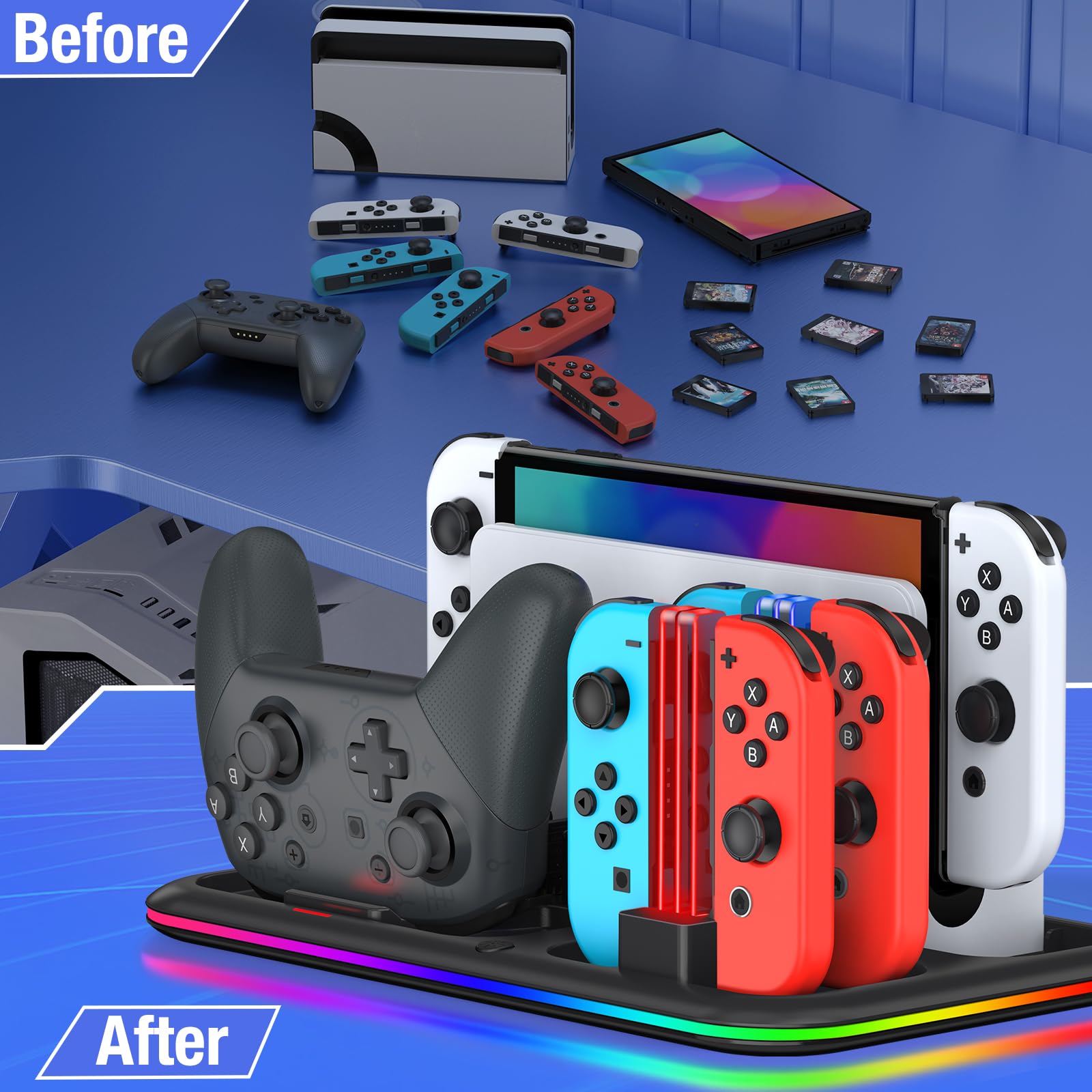 RGB Charging Dock for Nintendo Switch/Switch Lite/OLED - Fast Charging Stand with 8 Game Card Slots & Pro Controller/Joy-Con Holder | Perfect for Gaming Setup, Travel & Multiplayer Sessions