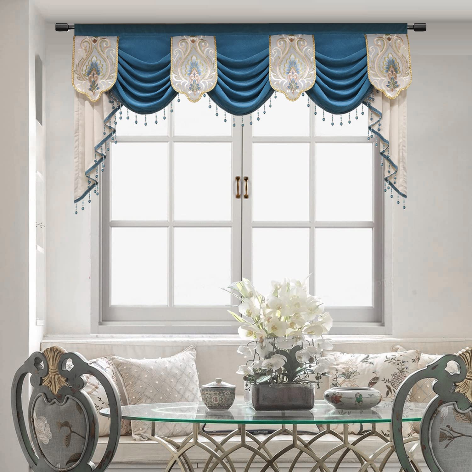 European Style Swag Waterfall Chenille Window Valance - Luxury Beige Kitchen & Bedroom Curtain with Custom Beads & Rod Pocket (1 Panel, 78 Inch) - Perfect for Living Room, Dining Room & Home Decor