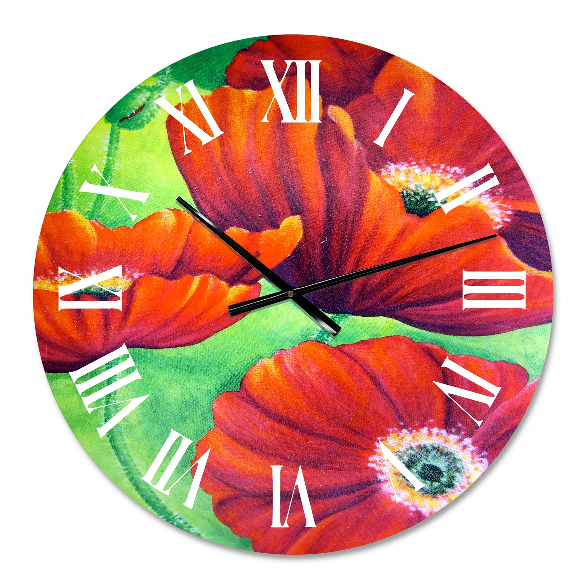 DesignQ Traditional Wall Clock 'Red Blossoming Poppies VII' - Large Floral & Botanical Wall Clock for Home Decor - Perfect for Bedroom, Living Room, and Office Spaces
