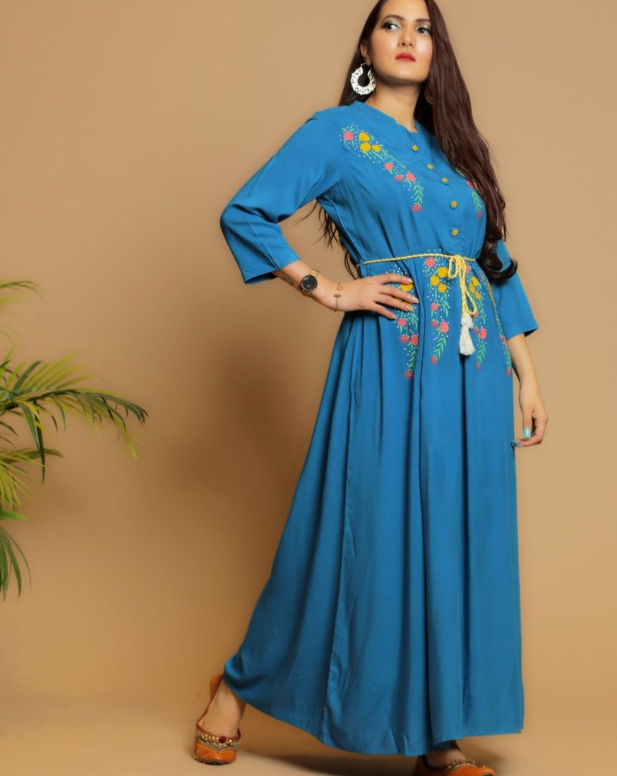 Blue Floral Maxi Dress for Women - Elegant Summer Beach Dress with Long Sleeves & Flowy Skirt | Perfect for Vacation, Wedding Guest, and Boho Chic Outfits