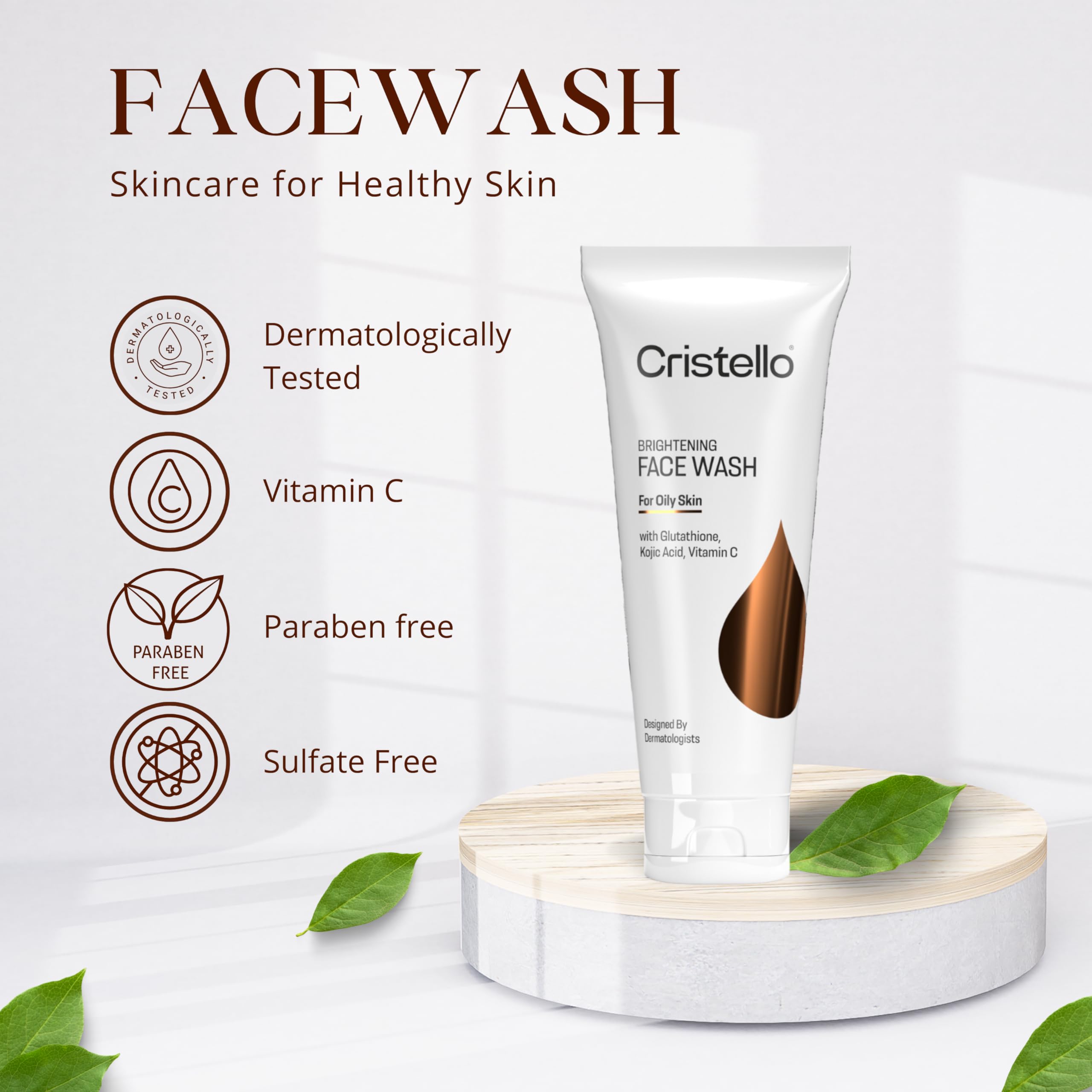 Cristello Brightening Face Wash for Oily Skin with Glutathione, Kojic Acid & Vitamin C | Skin Whitening & Glowing Facial Cleanser for Men & Women | Daily Use for Clear, Radiant Complexion | Perfect for Morning & Night Skincare Routine