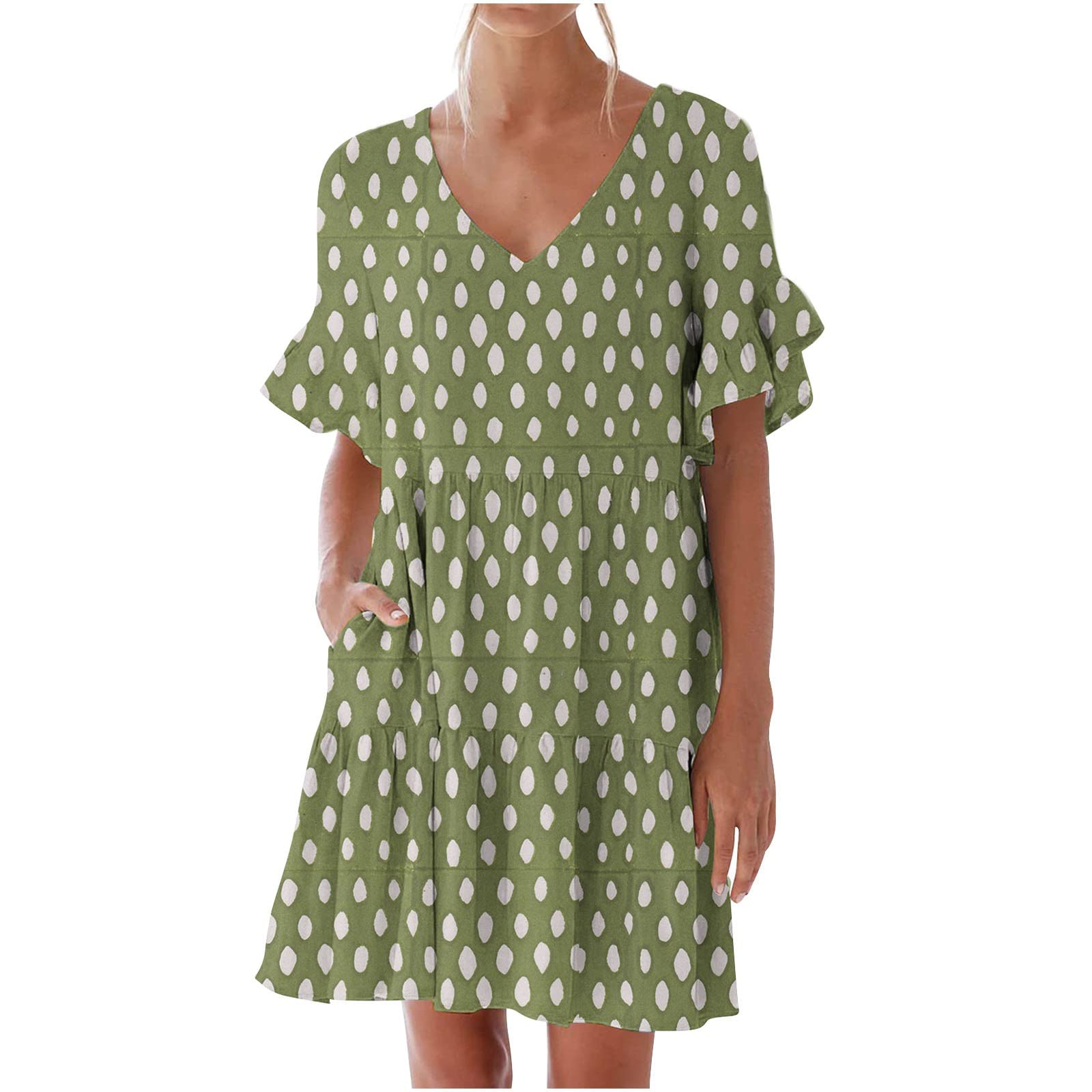 Women's Sweet V-Neck Mini Dress with Pockets - Casual Summer Short Dress for Women | Perfect for Beach Outings, Picnics, and Date Nights