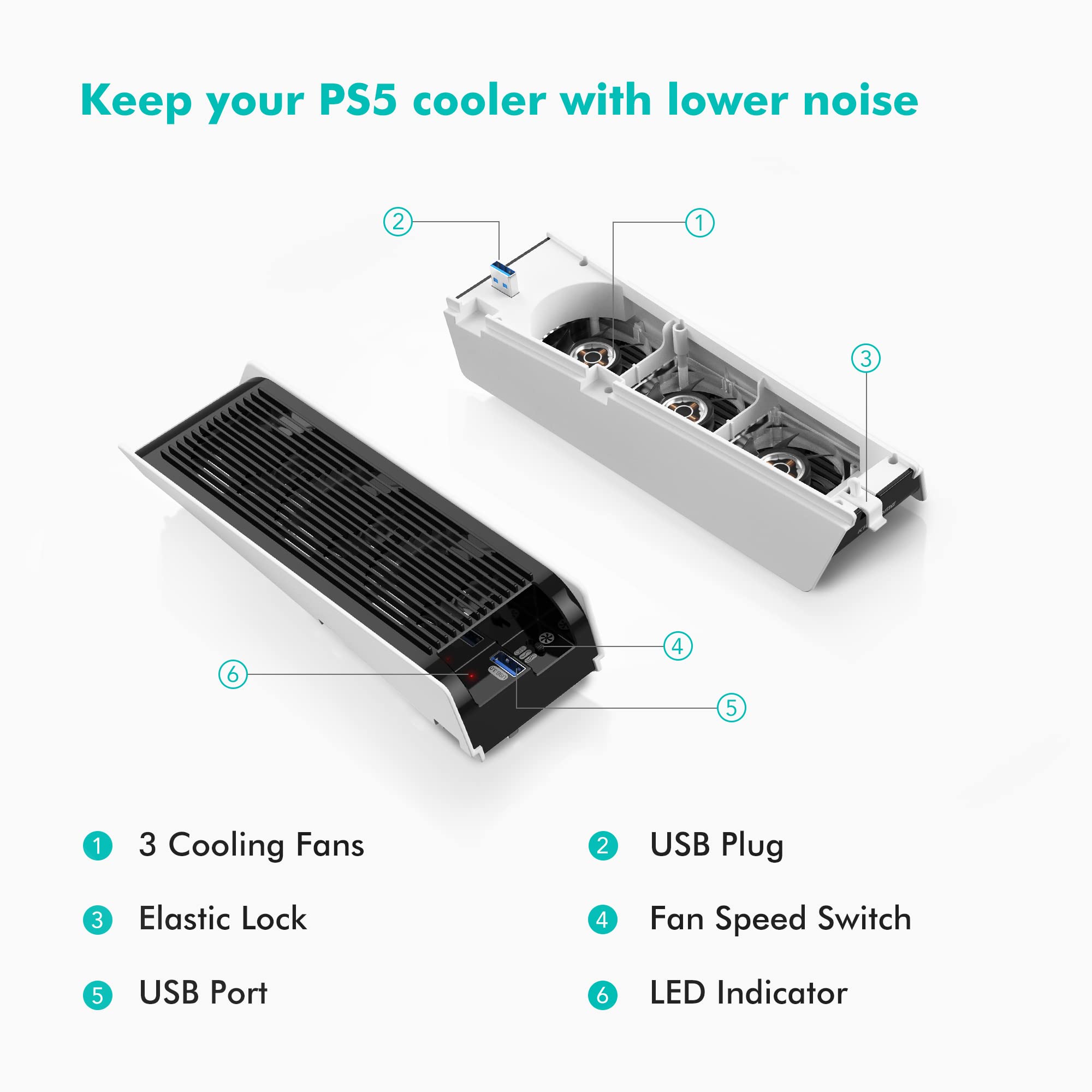 KIWIHOME PS5 Cooling Fan with LED Light - Upgraded Cooler Fan with USB 3.0 Port for Playstation 5 Digital/Ultra HD Console (Black+White) - Perfect for Gaming Marathons & Console Protection