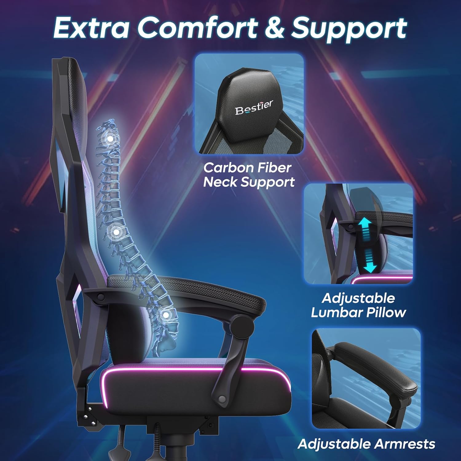 Bestier Ergonomic Gaming Chair with RGB LED Lights - Adjustable Height & Lumbar Support for PC Gamers - Perfect for Esports, Streaming & Home Office Setup