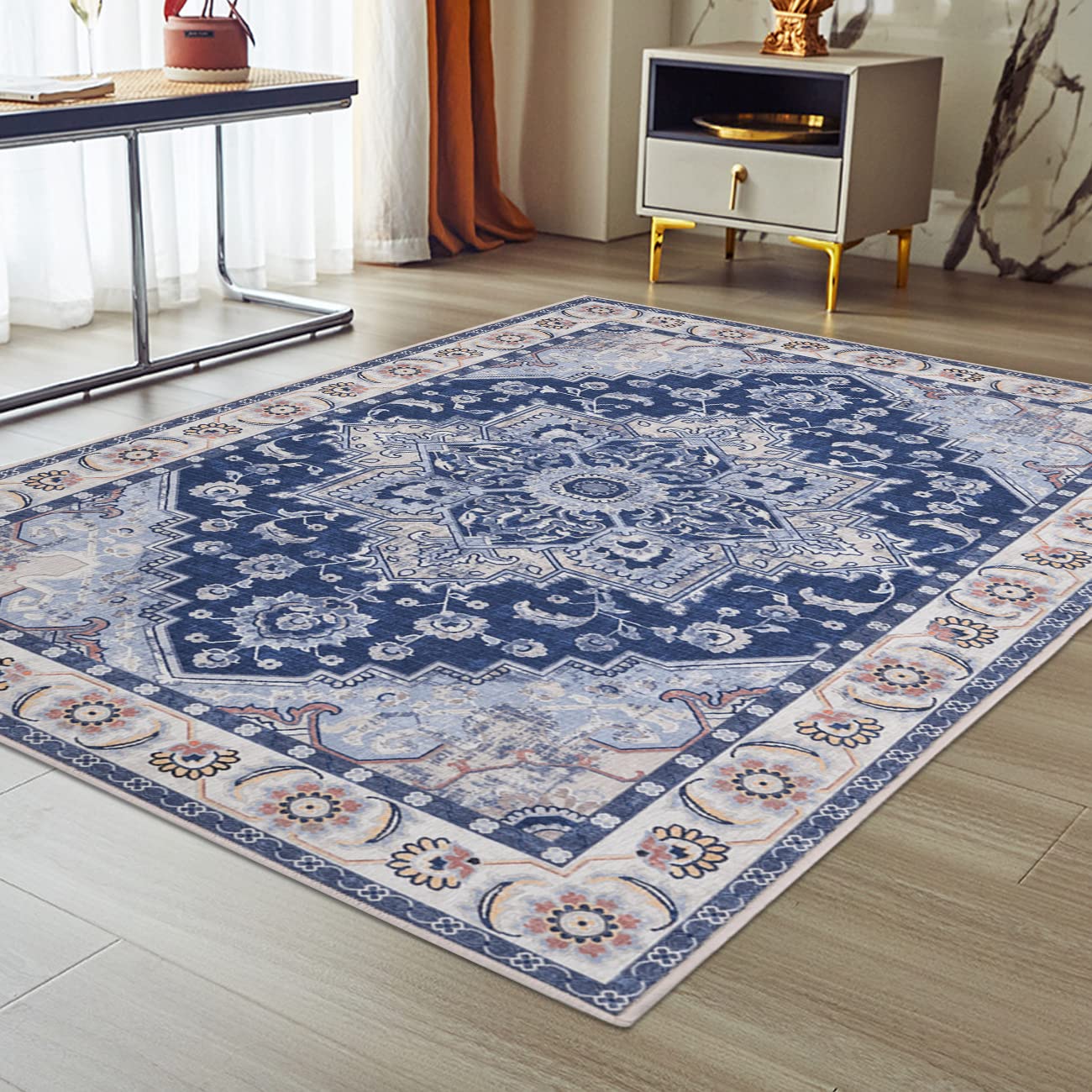 Wemina Vintage Bohemian Non-Slip Area Rug 4'x6' - Traditional Oriental Distressed Floral Medallion Accent Carpet - Perfect for Entryway, Bedroom, Bathroom & Kitchen Decor (Blue)