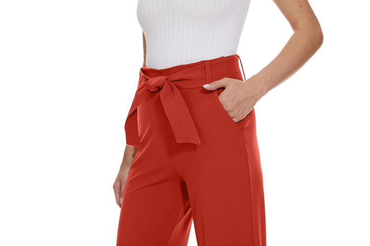 **Women's Wide Leg Stretchy Business Casual Pants with Pockets & Self-Tie Belt – Comfortable Office Wear & Travel Pants**