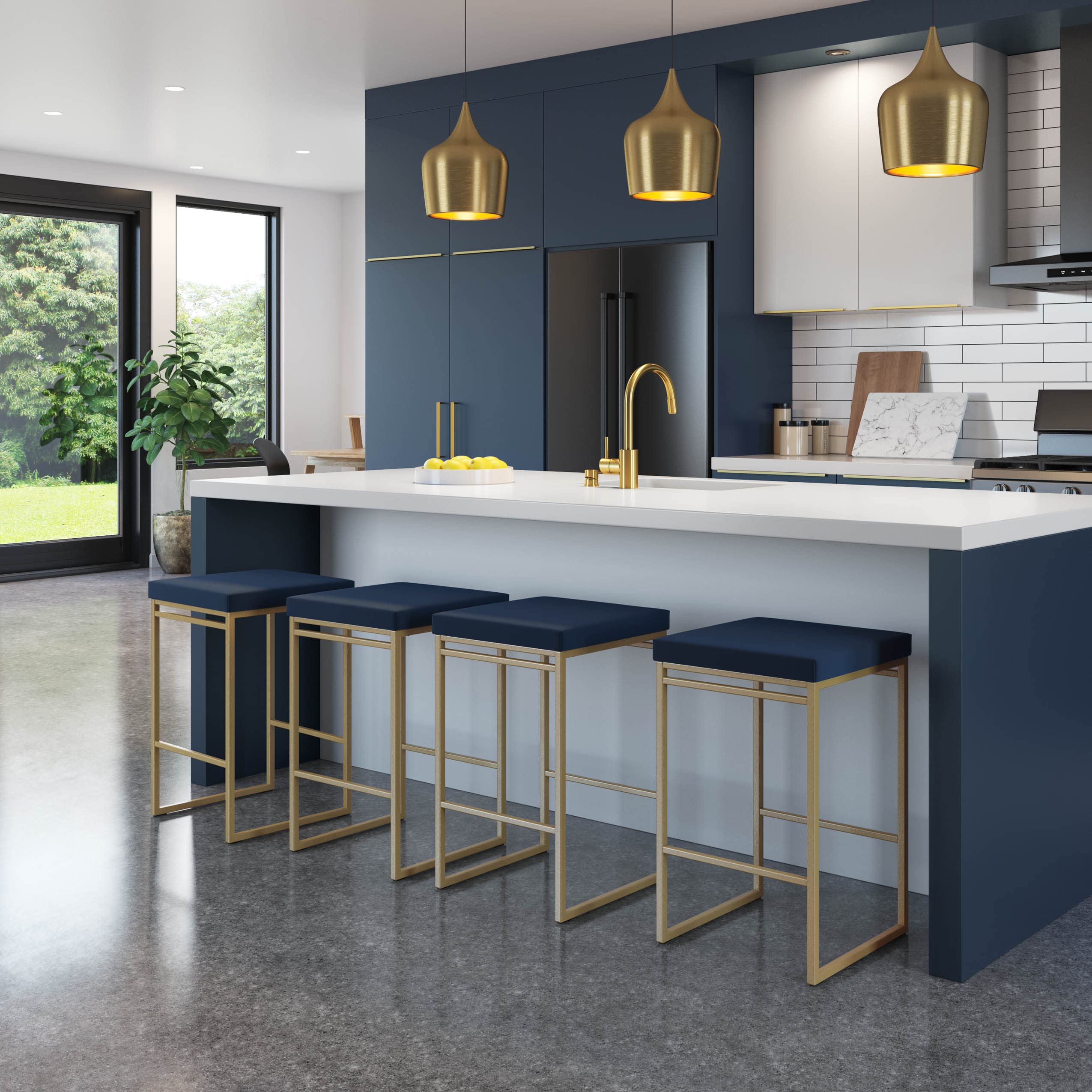 Amisco Easy 30 Inch Bar Stool - Blue Polyurethane Upholstery with Golden Metal Frame - Perfect for Kitchen Islands, Home Bars & Breakfast Nooks