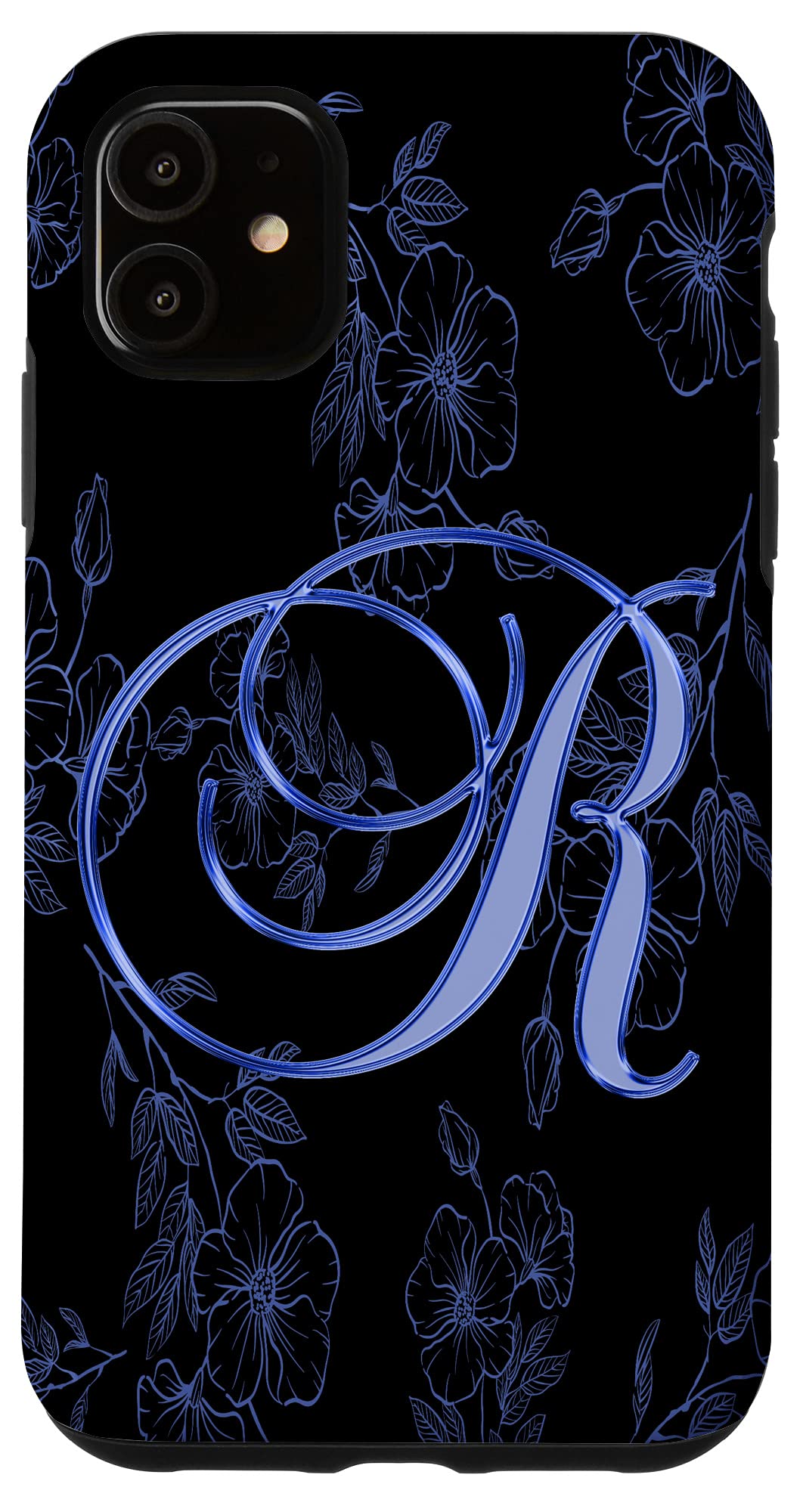 iPhone 11 Case - Blue Floral Garden Design with Leaf Patterns, Personalized Name Initial Letter Cover | Perfect for Everyday Use, Gift Giving & Spring Aesthetic