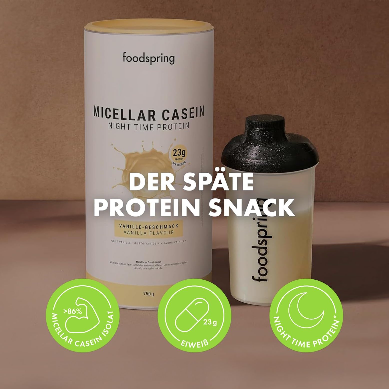 Foodspring Micellar Casein Protein Powder - Slow Digesting Night Time Protein with 23g Protein per Serving, Amino Acids, Vanilla Flavor, Fat & Sugar Free (750g) - Ideal for Post-Workout Recovery & Overnight Muscle Support