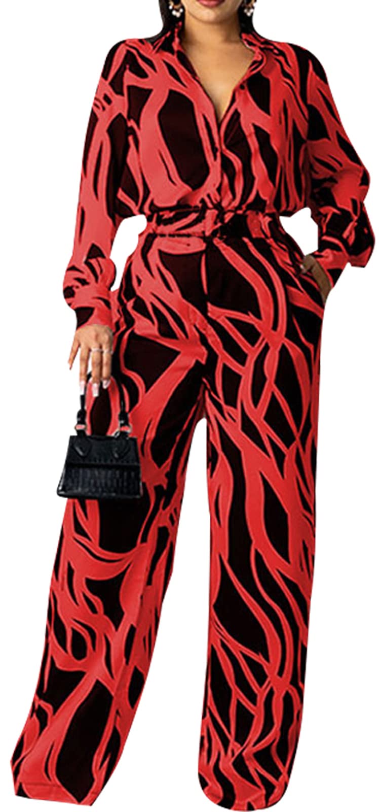 Elegant Women's Jumpsuit - V Neck Long Sleeve Business Romper with Straight Leg Pants | Sexy Clubwear & Office Outfit for Women | Perfect for Work, Parties & Night Out