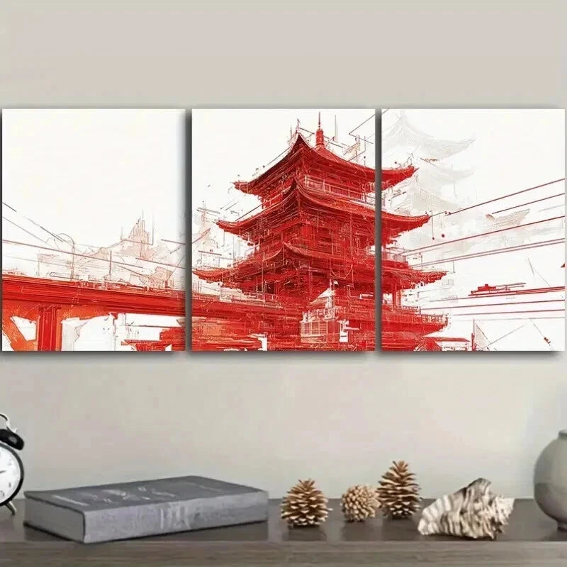 3-Piece Chinese Style Pagoda Wall Art Set - Framed Canvas Prints 50x70cm - High Quality Asian Home Decor - Ready to Hang Wall Decor for Living Room, Bedroom & Office