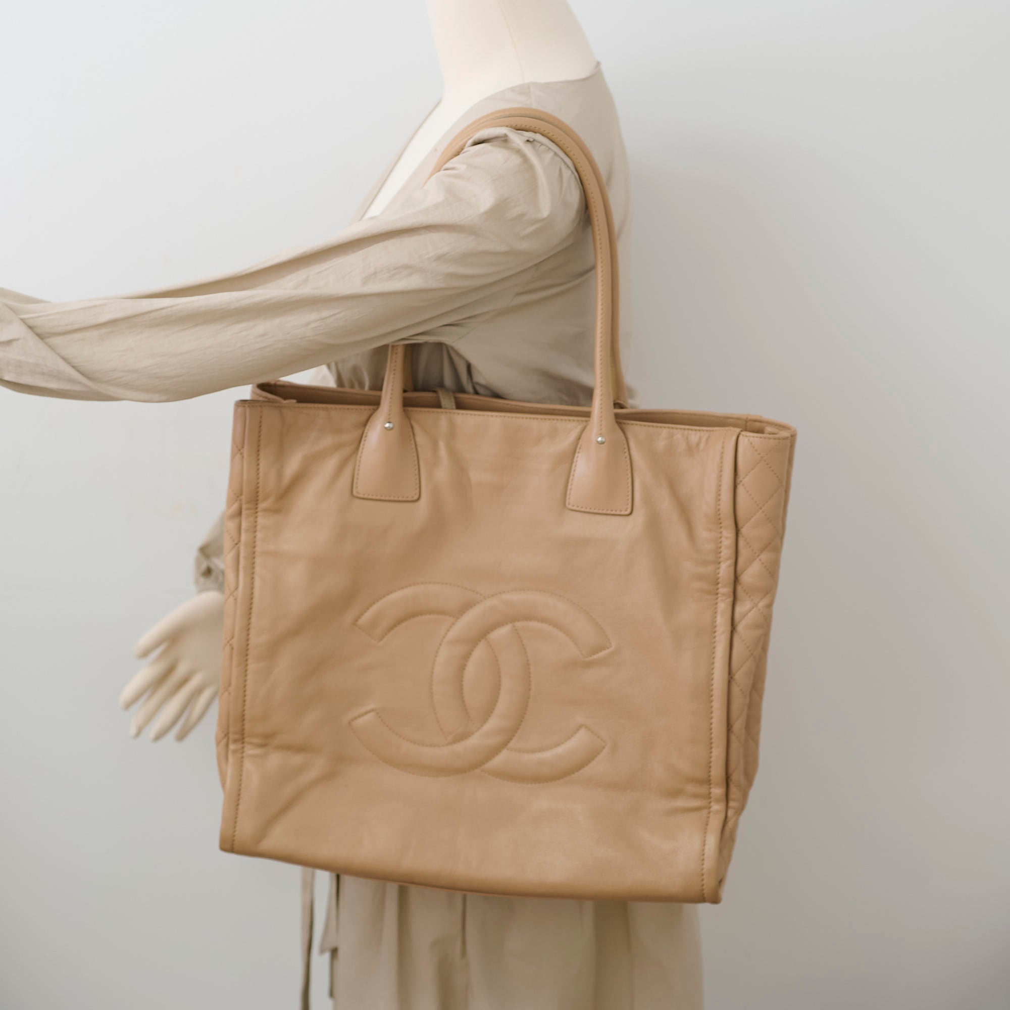 Chanel Beige CC Logo Leather Tote Bag for Women - Luxury Designer Handbag for Work, Travel & Everyday Use