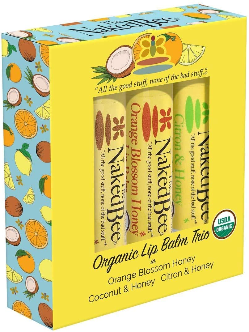 The Naked Bee Organic Lip Balm Trio Gift Set - Orange Blossom, Coconut & Honey Flavors | Moisturizing Lip Care for Women | Perfect for Daily Hydration, Travel & Gifts