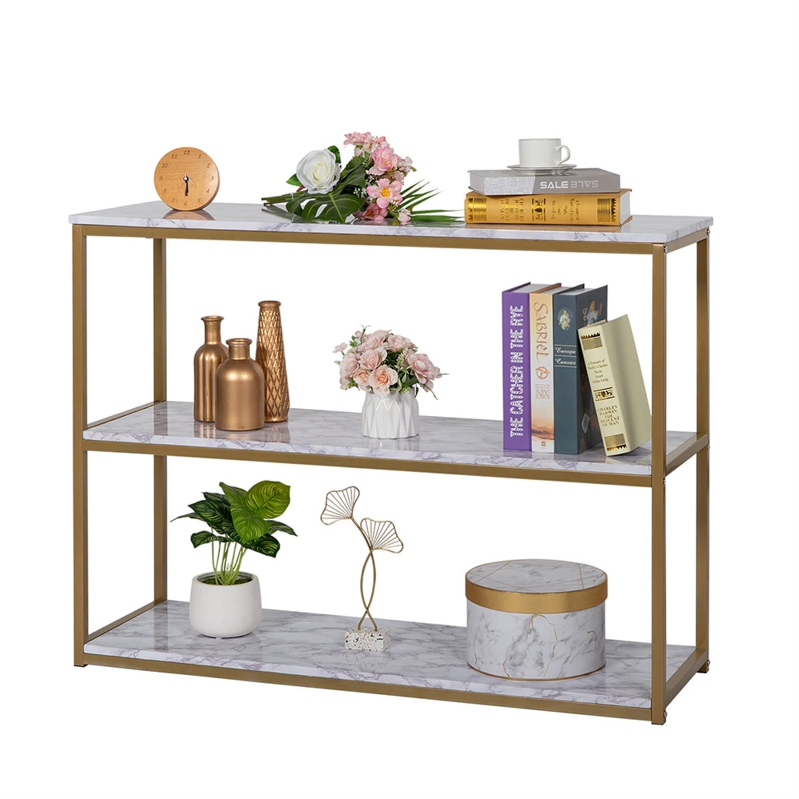 3-Tier Industrial Console Table with White Marble Top & Golden Frame - 43