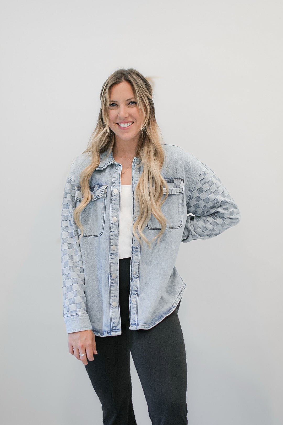 Men's Light Wash Checkered Denim Shacket - Casual Overshirt for Fall & Winter | Streetwear, Layering, Outdoor Activities