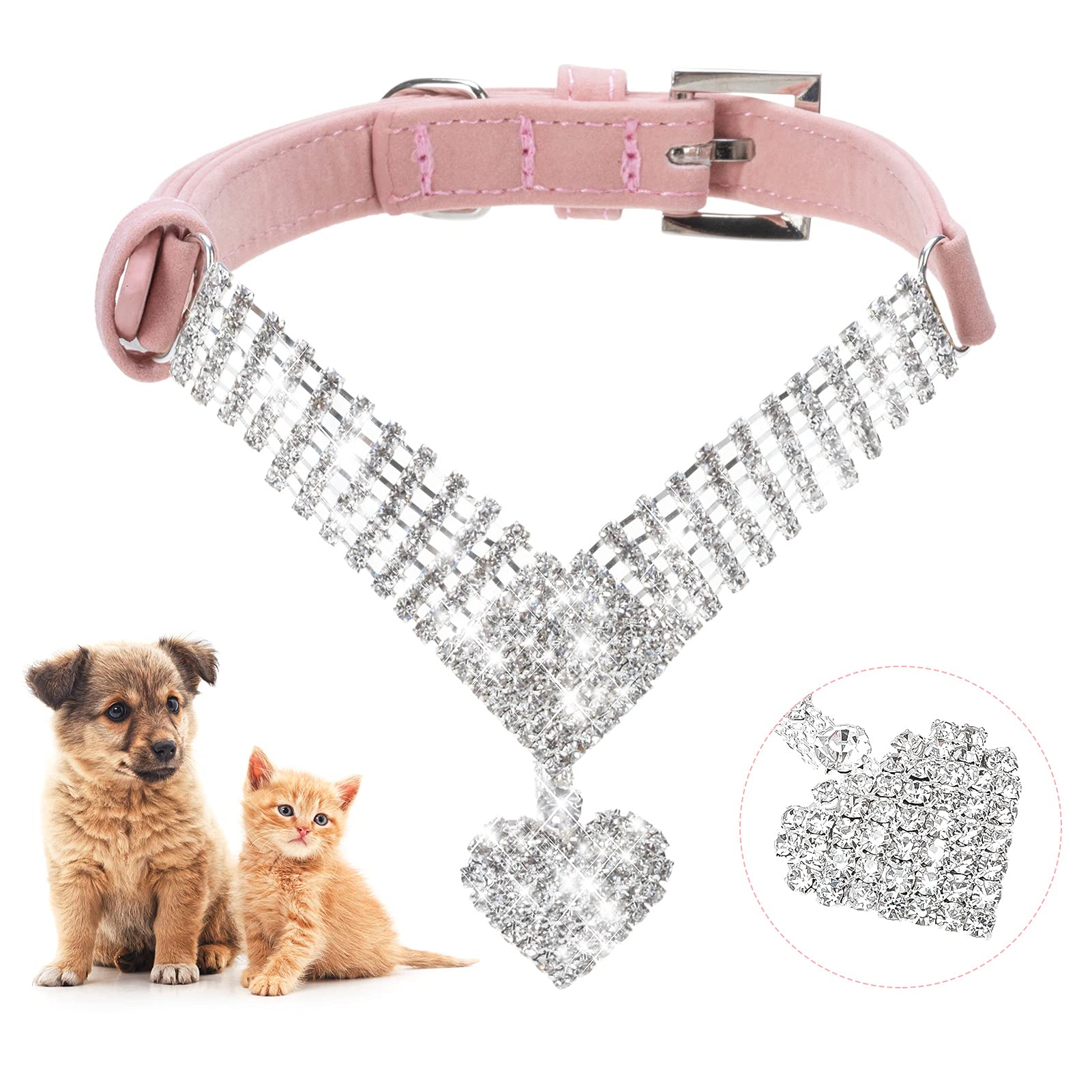 EXPAWLORER Sparkling Rhinestone Dog Collar - Soft Velvet Adjustable Pet Necklace for Small Medium Dogs & Cats, Cute Puppy Accessory for Girl Boy Pets (Pink) | Perfect for Daily Walks, Pet Parties & Photo Shoots