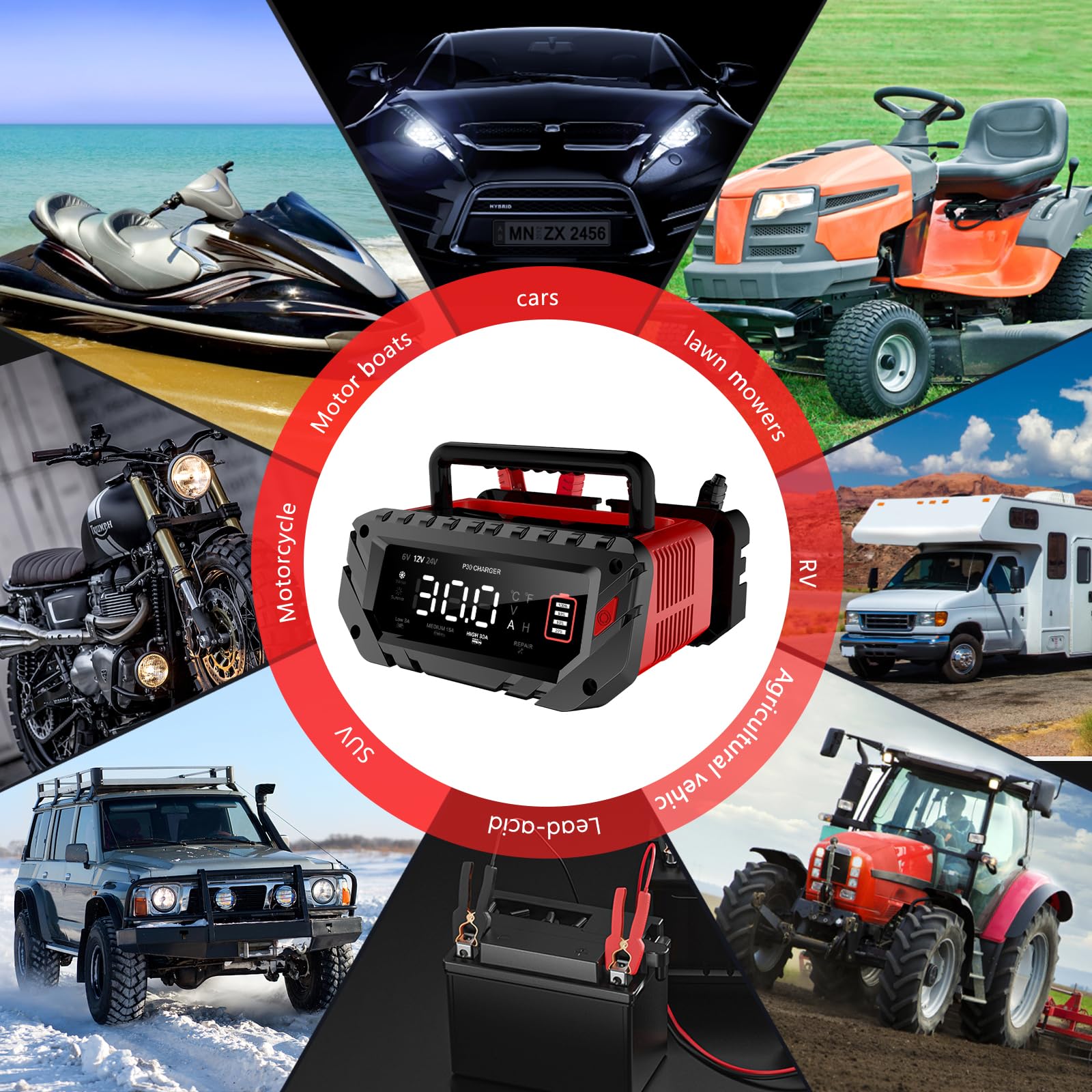 30-Amp Smart Car Battery Charger 6V/12V/24V Automatic Automotive Charger & Maintainer - Trickle Charger for Car, Motorcycle, Boat, RV - Works with Lead-Acid, Lithium, LiFePO4 Batteries - Perfect for Winter Storage & Emergency Jump Starts