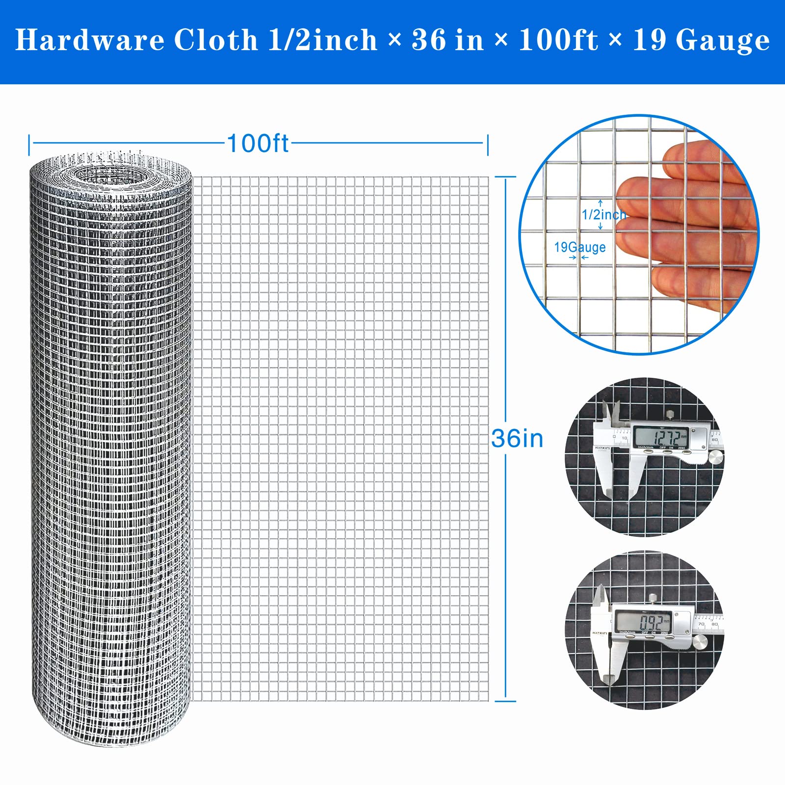 1/2 Inch Square Openings 19 Gauge Hot-Dip Galvanized Welded Wire Mesh - 36