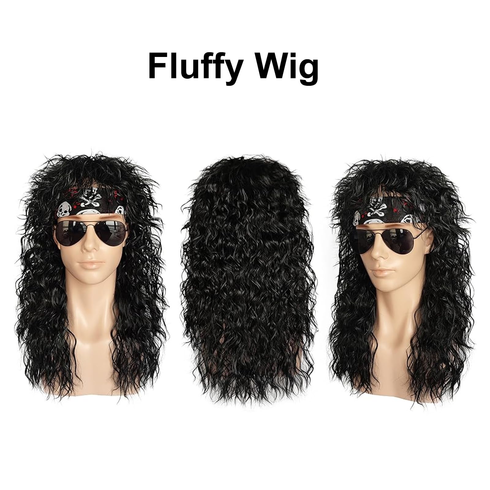 7-Piece Disco Costume Set for Men - Black Curly Wig, Sunglasses, Beard, Gloves & Headscarf - 70s 80s 90s Rocker Party Outfit - Perfect for Halloween, Cosplay & Theme Parties