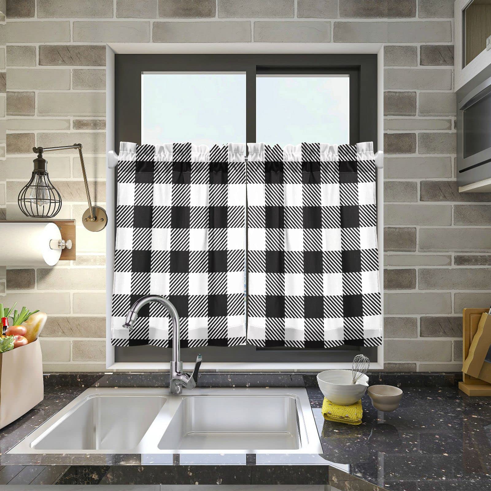 DOMIKING Black White Buffalo Plaid Check Tier Curtains - 27x24 Inches Short Valance with Rod Pockets for Small Windows - Perfect for Laundry Room, Bathroom & Kitchen Decor (Farmhouse Style Window Treatment)