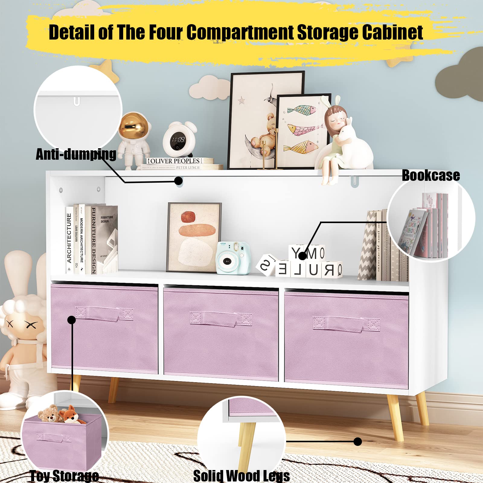 Kids Bookshelf Toy Storage Organizer with 3 Collapsible Fabric Drawers & Wooden Legs - Children's Bookcase for Nursery, Playroom & Home - Pink - Perfect for Organizing Toys, Books & Learning Materials