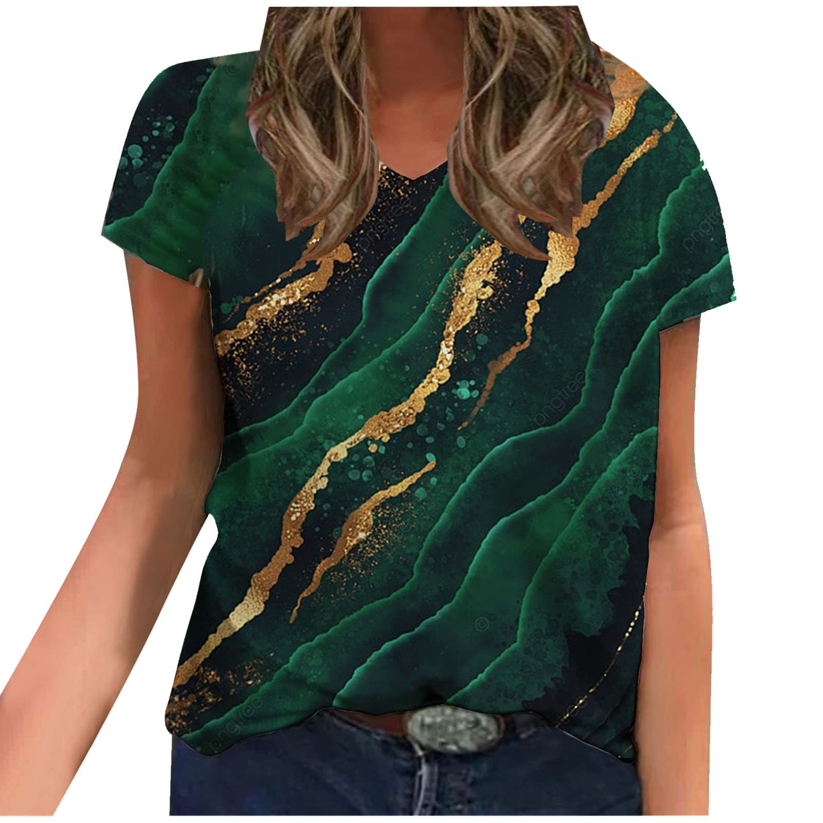 Trendy Women's Summer Tie Dye V-Neck T-Shirt - Short Sleeve Marble Print Casual Tunic Top for Everyday Wear | Perfect for Beach, Vacation & Summer Outfits
