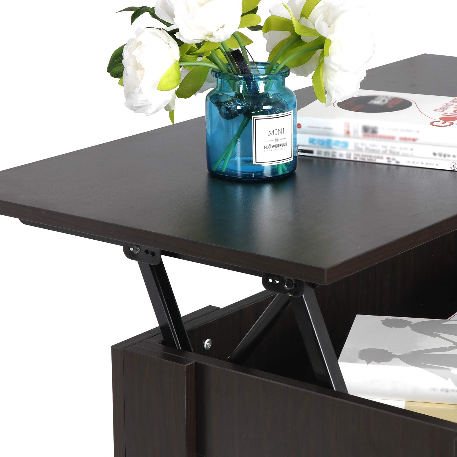 Modern Lift Top Coffee Table with Hidden Compartment & Storage Shelves - Pop-Up Storage Cocktail Table for Living Room, Reception Area | Space-Saving Furniture for Small Apartments & Home Entertainment