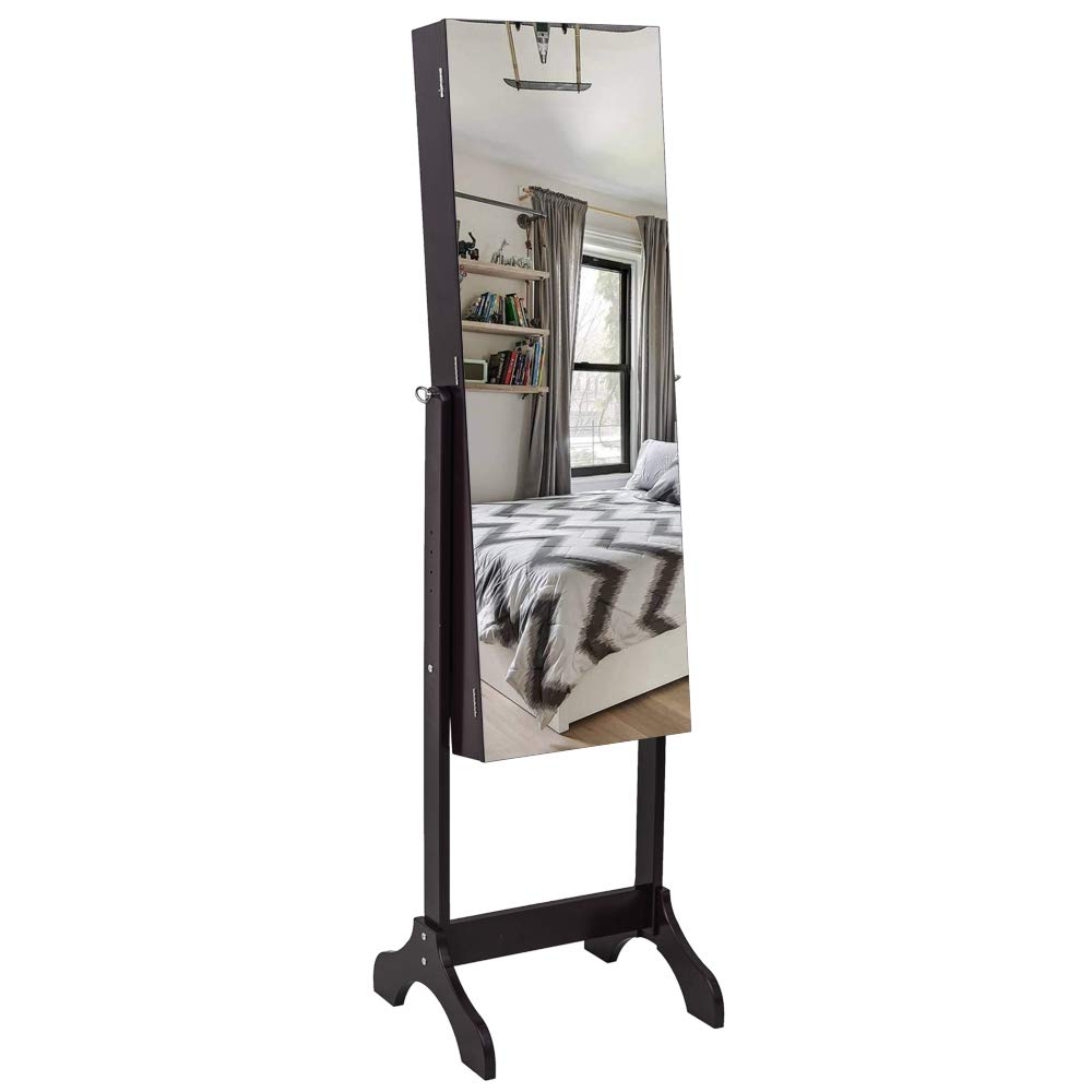 Lockable Jewelry Armoire Cabinet with Full-Length Mirror - Dark Brown Wooden Floor Standing Jewelry Storage Organizer for Bedroom, Closet & Dressing Room
