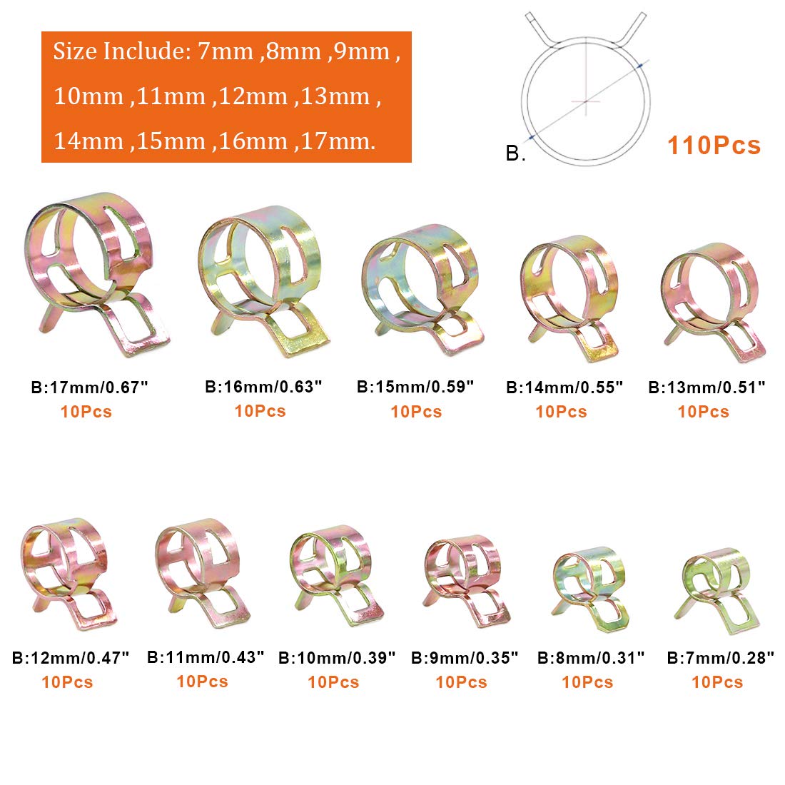 Keadic KSHC-110 110-Piece Spring Hose Clamp Assortment Kit (7mm-17mm, 11 Sizes) - Stainless Steel Vacuum Hose Clamps for Fuel, Silicone, Air & Water Pipes - Ideal for Automotive, Plumbing & DIY Projects