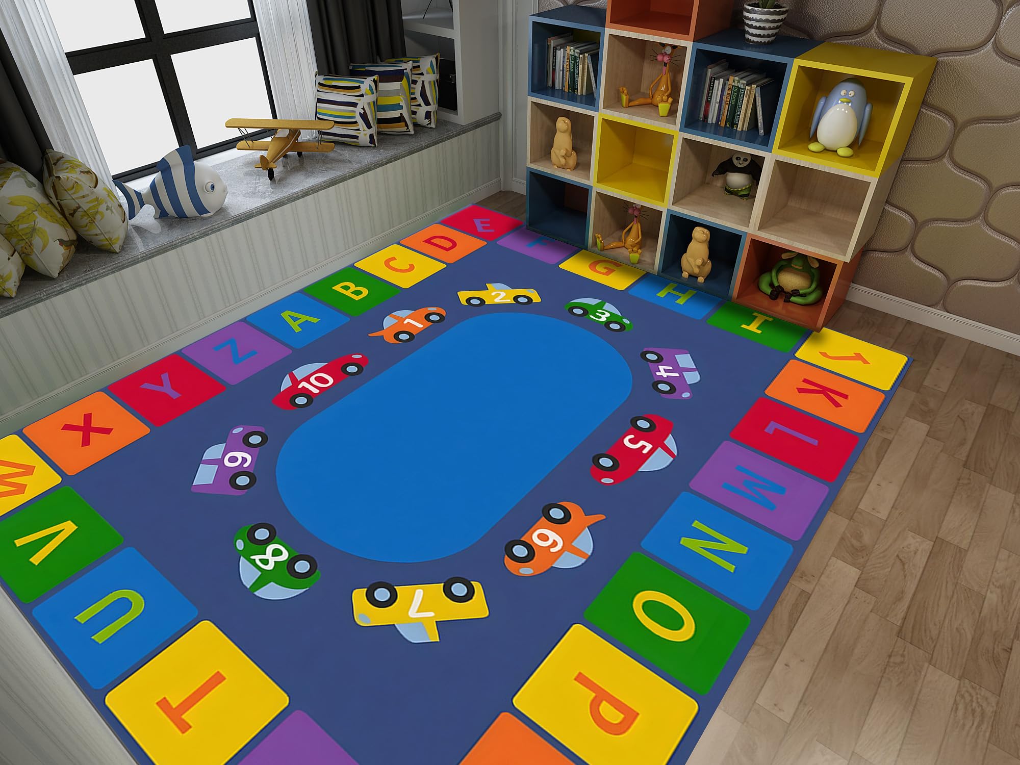 ABC Rainbow Oval Living Rug 5x8ft - Cartoon Car ABC 123 Kids Rug with Non-Slip Backing | Low Pile No Crease Indoor Play Mat for Kindergarten, Nursery & Study Room | Perfect for Learning, Playtime & Room Decor