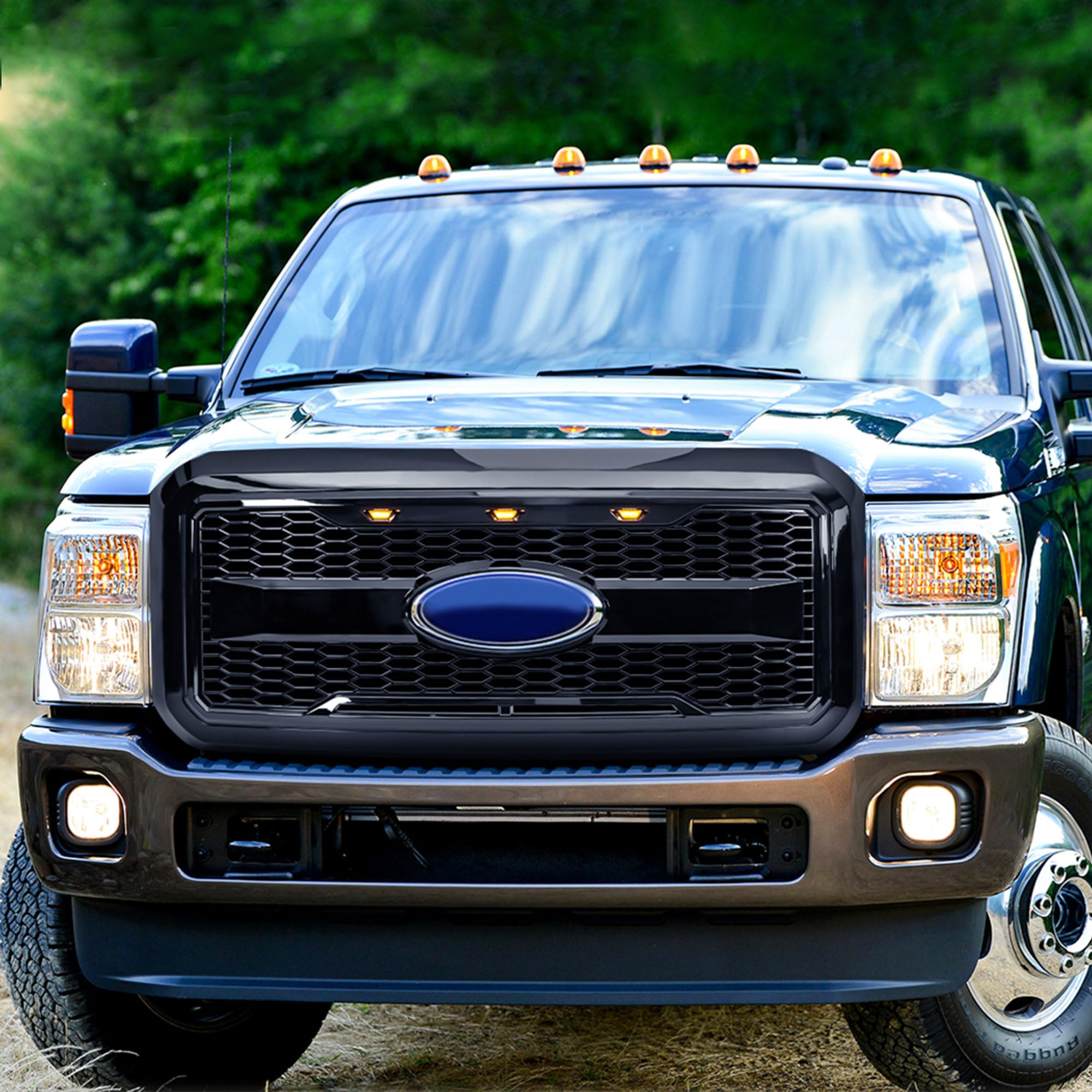 **2011-2016 Ford F250 F350 F450 F550 Raptor Style Front Grille with Amber LED Lights & Emblem Base - Glossy Black | Off-Road & Truck Customization Upgrade**    *(Use Case: Enhance your Ford Super Duty truck's aggressive look and visibility with this durable Raptor-style grille, perfect for off-roading, truck shows, or daily driving.)*