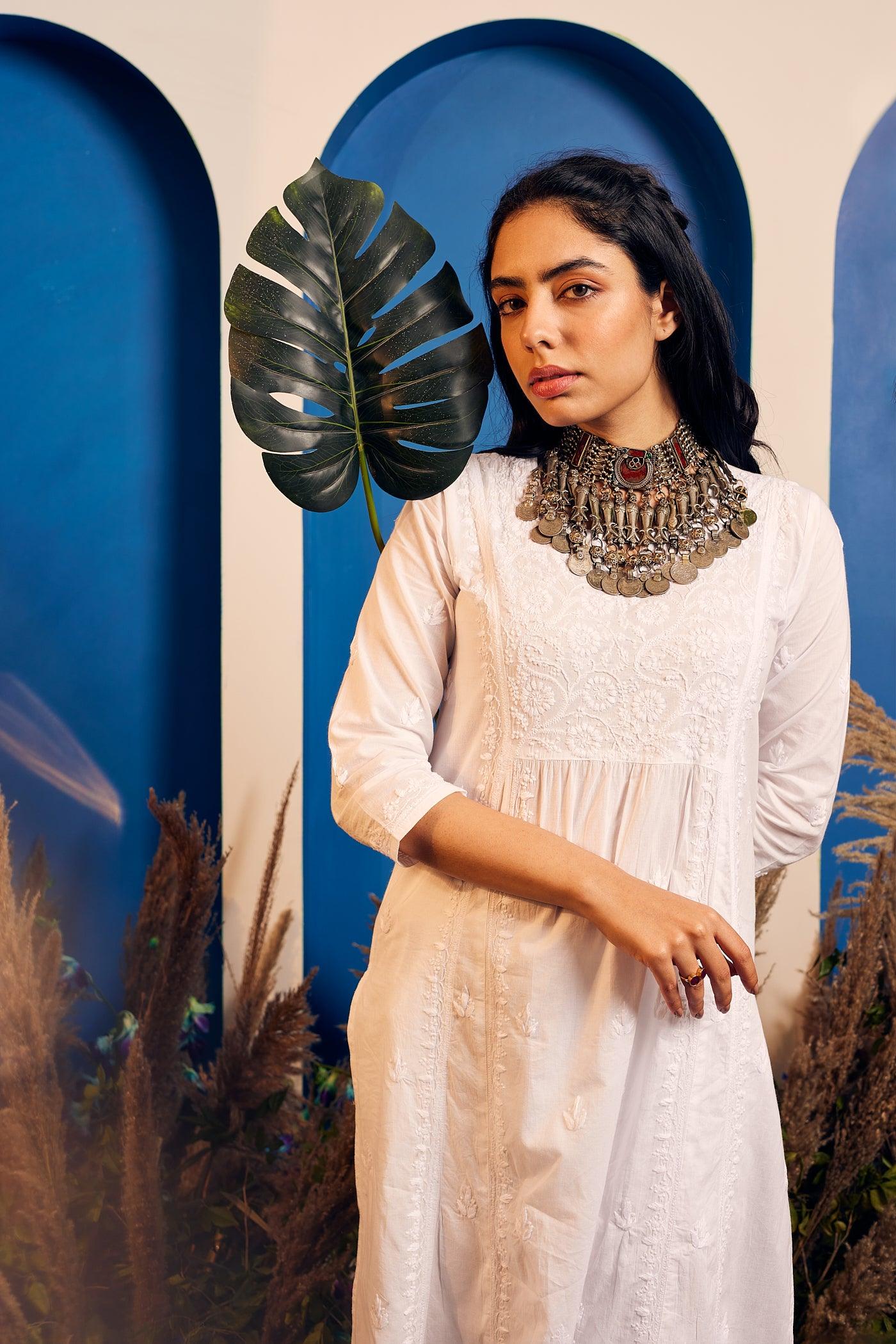 Elegant White Cikankari Kurta with Notch Neck - Traditional Indian Embroidered Tunic for Women - Perfect for Festivals, Weddings & Casual Wear