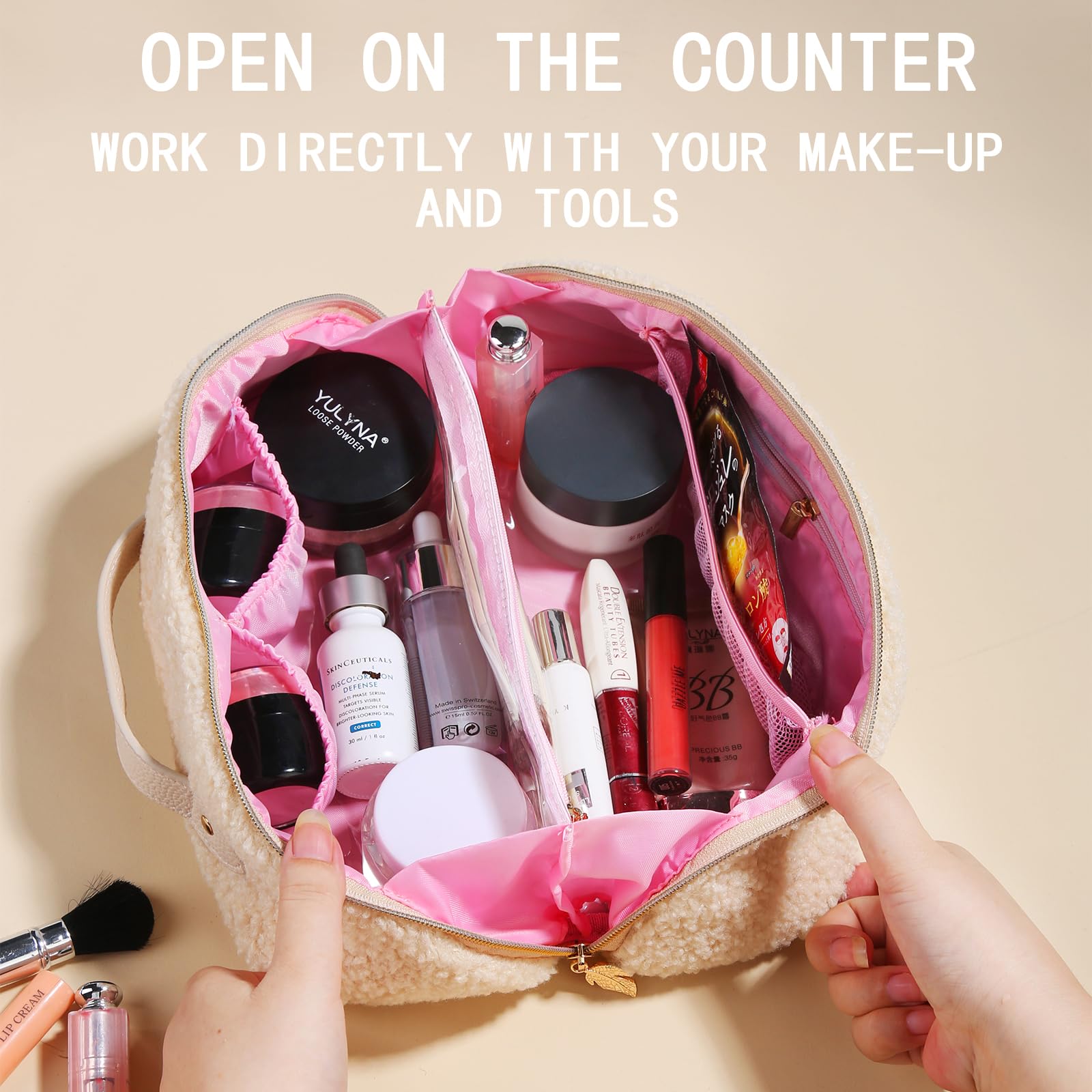 Large Capacity Travel Makeup Bag - Cute Plush Cosmetic Organizer with Handle & Divider, Portable Toiletry Pouch for Women (White) | Perfect for Travel, Gym, Daily Use & Gift Giving
