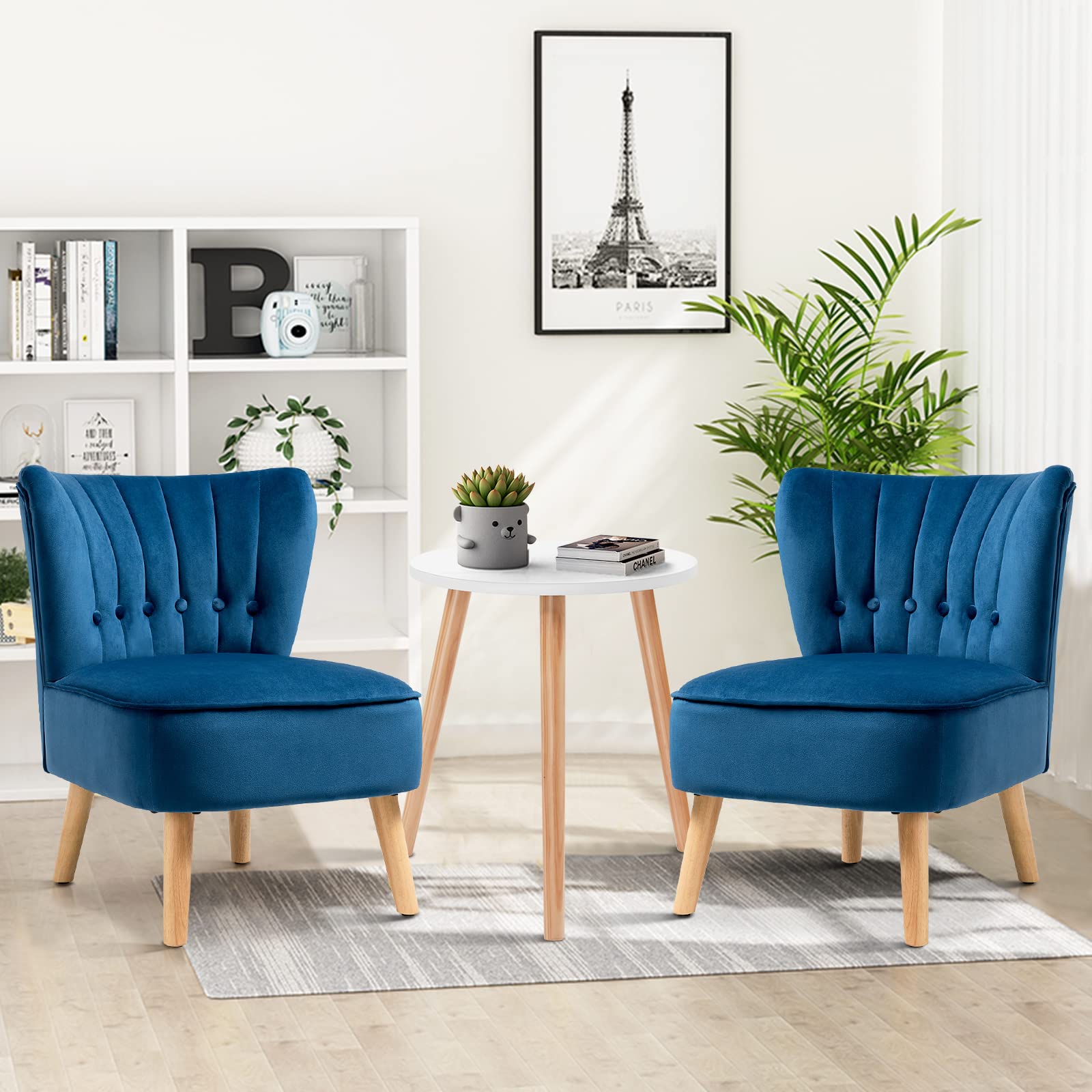 Velvet Wingback Accent Chair - Armless Club Chair with Solid Rubber Wood Legs & Thick Padded Seat, Upholstered Leisure Sofa for Living Room, Bedroom, Guest Room, Coffee Shop - Perfect for Reading Nook, Home Office, Lounge Area (Blue)