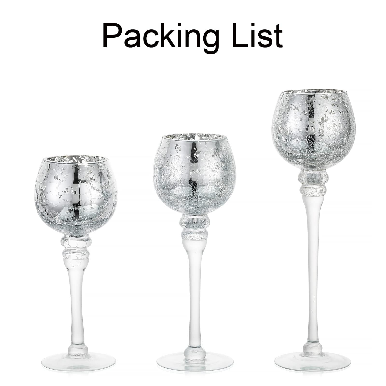 Long Stem Glass Candle Holders Set of 3 - Tall Silver Crackle Mercury Glass Tea Light Holders for Wedding Centerpieces, Party Decor, Home Tabletop Decorations - Perfect for Romantic Dinners, Holiday Tablescapes & Special Occasions