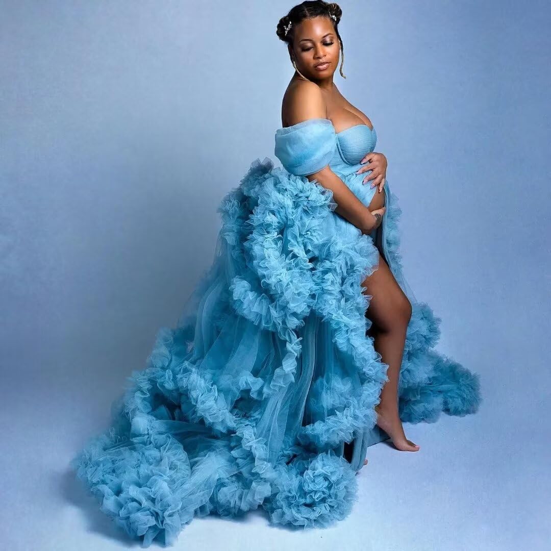 Elegant Maternity Photo Shoot Dress - Women's Tulle Robe with Puffy Ruffles, Bridal Lingerie & Illusion Scarf for Wedding, Boudoir & Bathgown - Perfect for Maternity Photoshoots, Bridal Showers & Romantic Occasions
