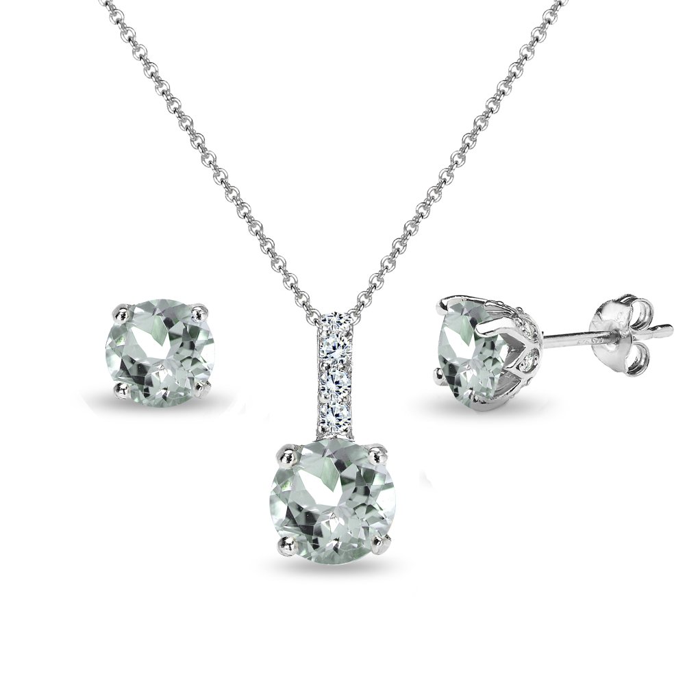 B. BRILLIANT Sterling Silver Round Crown Necklace & Stud Earrings Set with Genuine/Simulated Gemstones & White Topaz - Elegant Jewelry Gift for Women, Perfect for Weddings, Anniversaries and Special Occasions