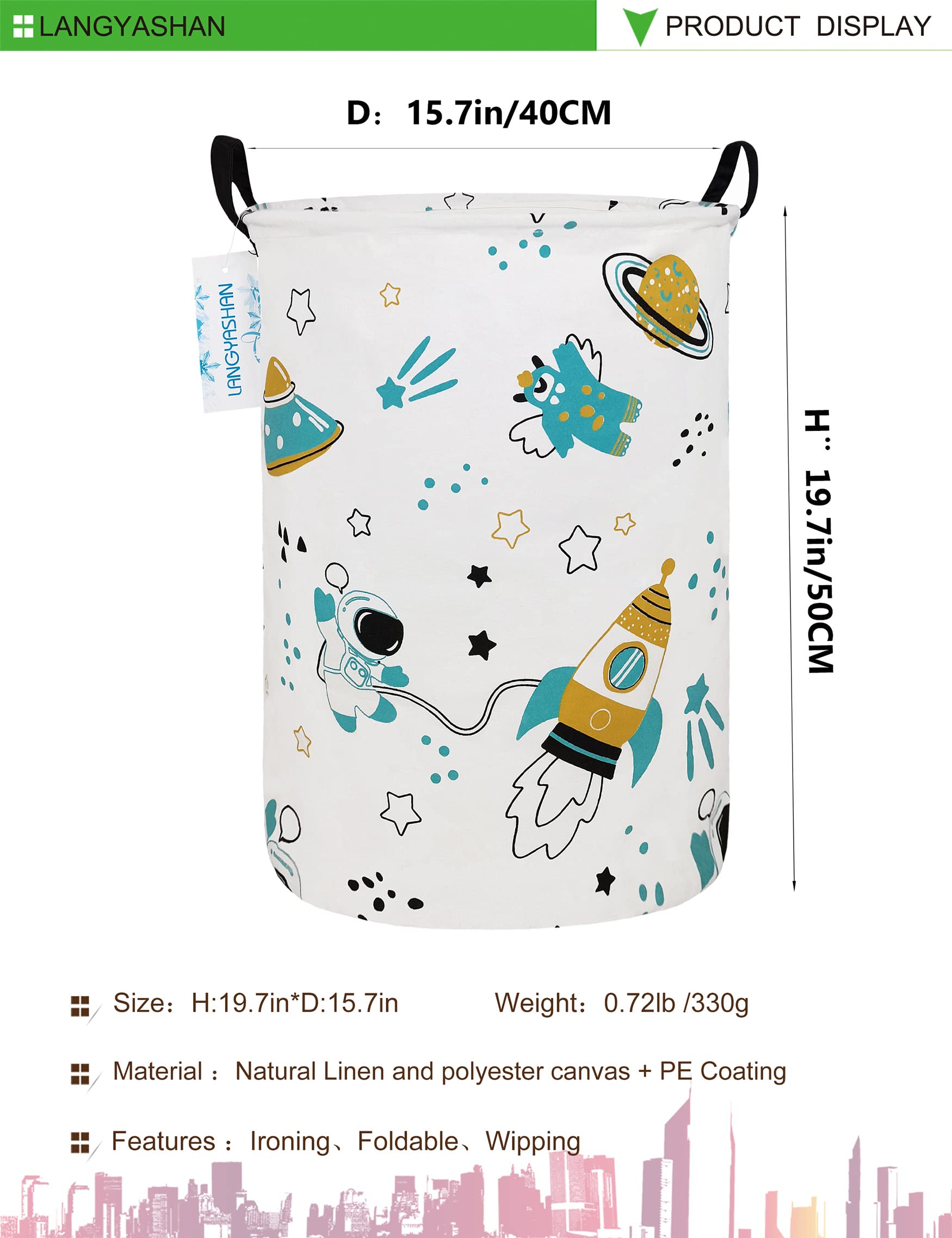 LANGYASHAN Collapsible Storage Bin - Canvas Fabric Organizer Basket for Laundry, Toys, Clothes & Nursery | Space Astronaut Design | Perfect for Bedroom, Baby Room & Gift Giving