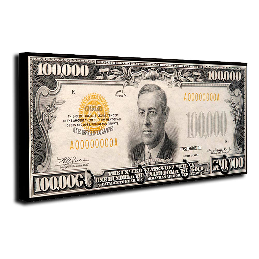 Woodrow Wilson $100,000 Bill Design Key Holder - Wall Mount Key Organizer Rack for Home & Office - Decorative Key Hanger with Hooks for Keys, Rings & Accessories - Perfect for Entryway, Mudroom or Bedroom Organization