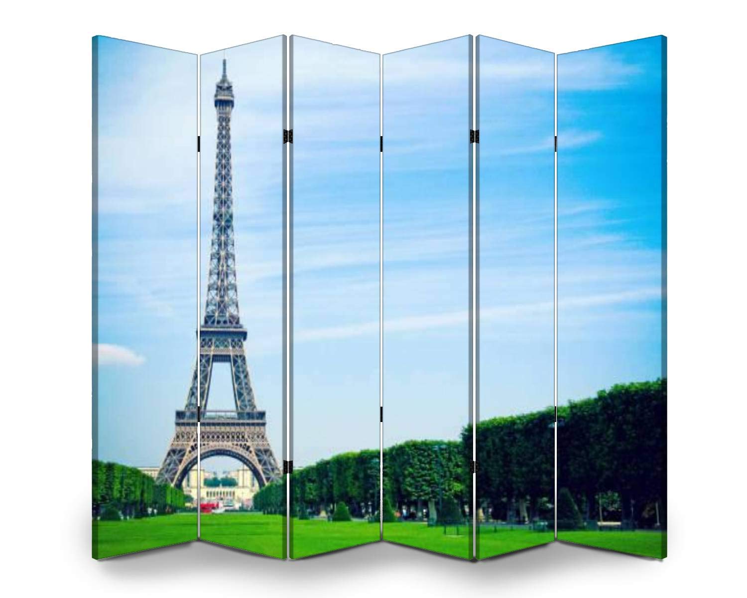 APED DECOR Wooden Folding Room Divider - 6 Panel Eiffel Tower Paris France Landscape Canvas Privacy Screen, Dual-Sided Wall Partition for Home & Office Decor | Perfect for Living Room, Bedroom, or Studio Space Separation