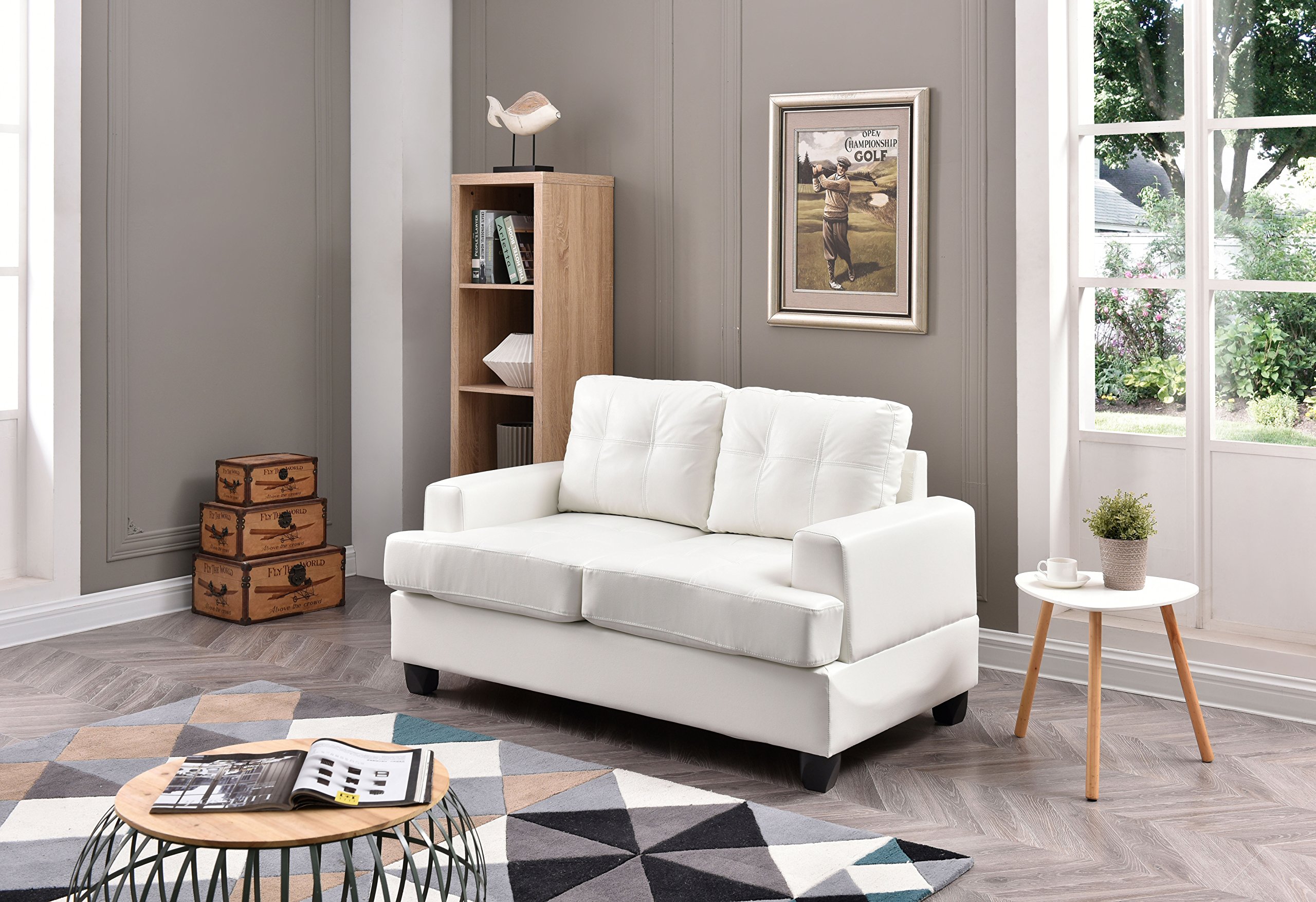 Glory Furniture Modern Upholstered Love Seat Sofa - White PU Leather 2-Seater Couch for Living Room, Lounge & Small Spaces