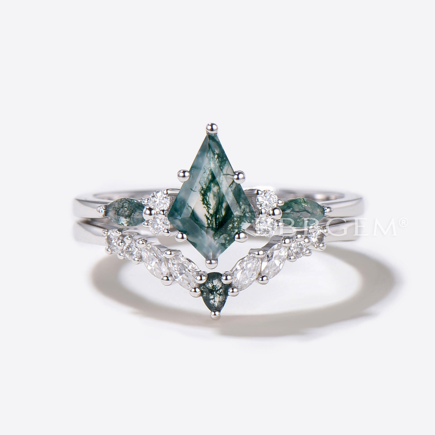 7 Stone Cluster Kite Aquatic Agate Engagement Ring Set - Elegant Wedding Band for Women, Unique Promise Ring for Her, Perfect for Proposals & Anniversaries