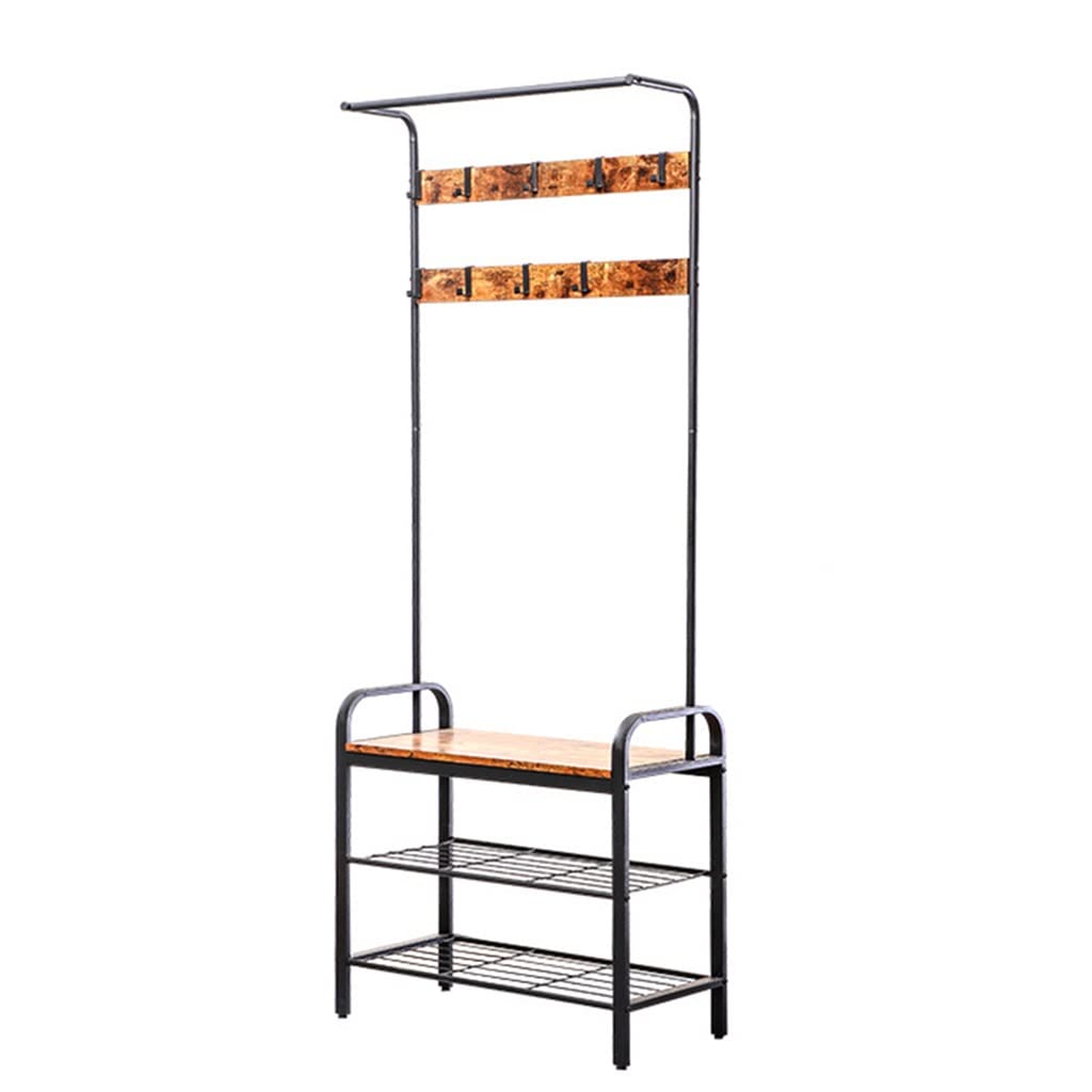 Vintage Coat Rack Shoe Bench Hall Tree - 4-in-1 Entryway Storage Shelf with 9 Hooks, Wood Look Accent Furniture, Metal Frame (Black, 72x34x185cm) - Easy Assembly for Hallway, Foyer & Mudroom Organization